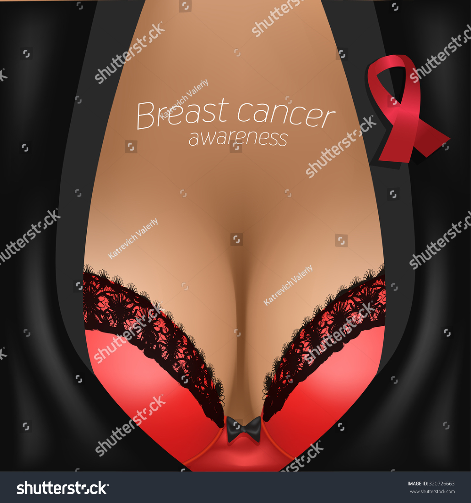 Beautiful Woman Brest In Bra With Pink Ribbon To Help Promote Breast