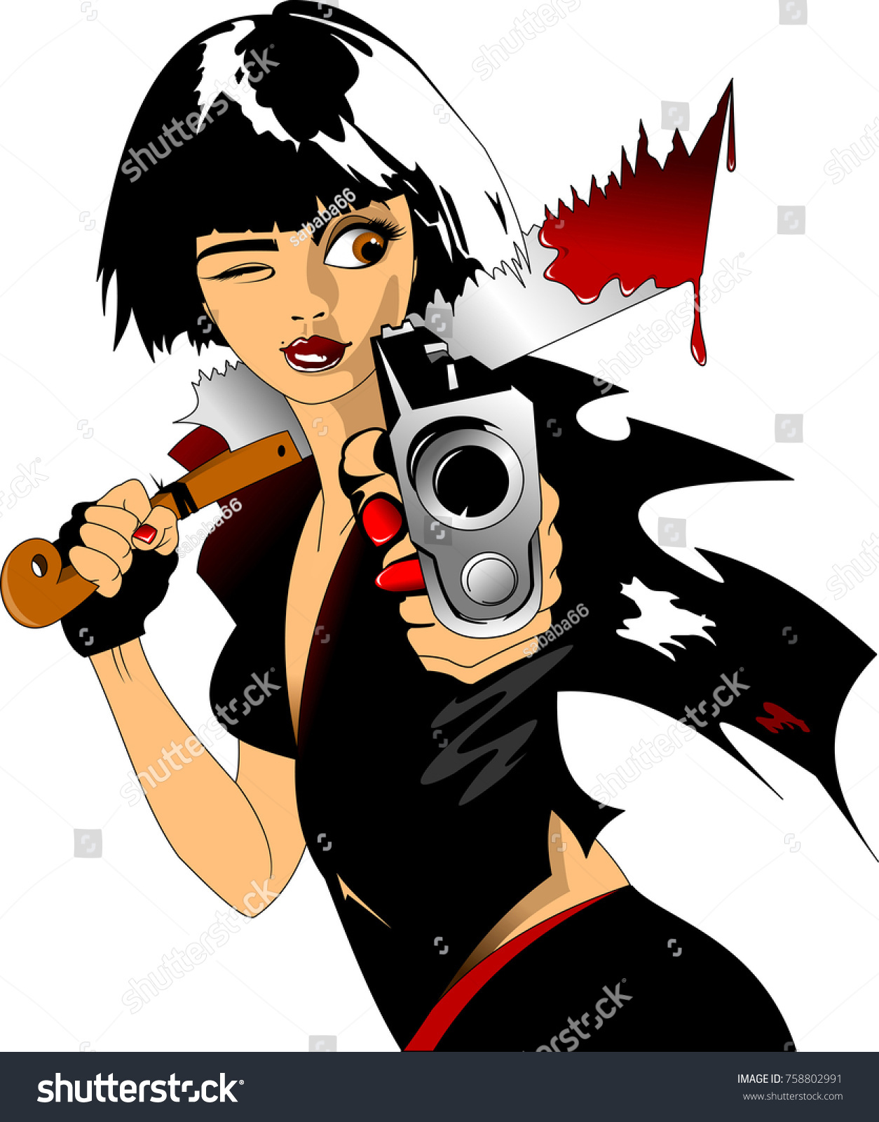 Beautiful Woman Black Uniform Gun Bloodstained Stock Vector Royalty