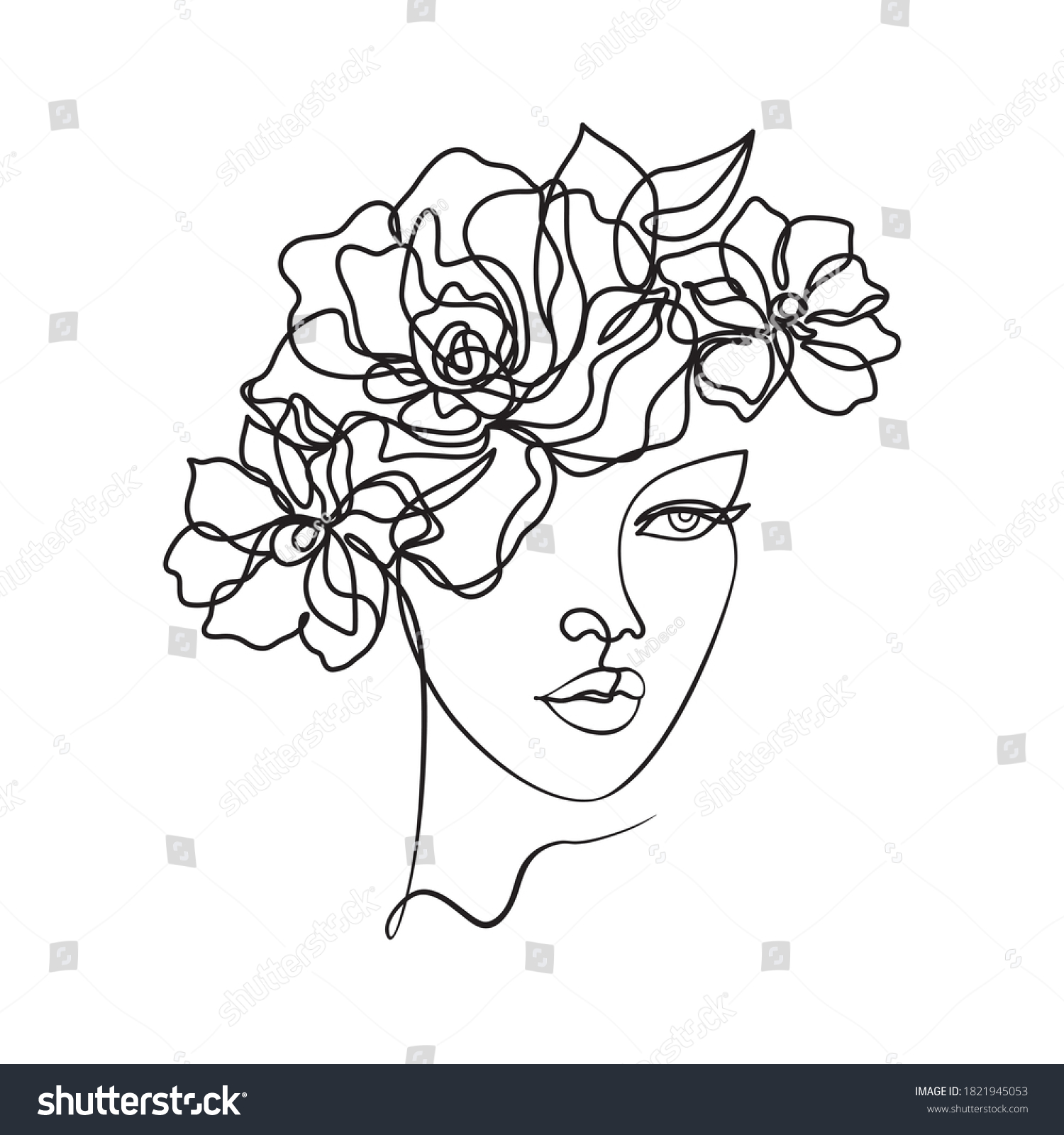 Beauty Woman Face Flowers Line Drawing Stock Vector Royalty Free