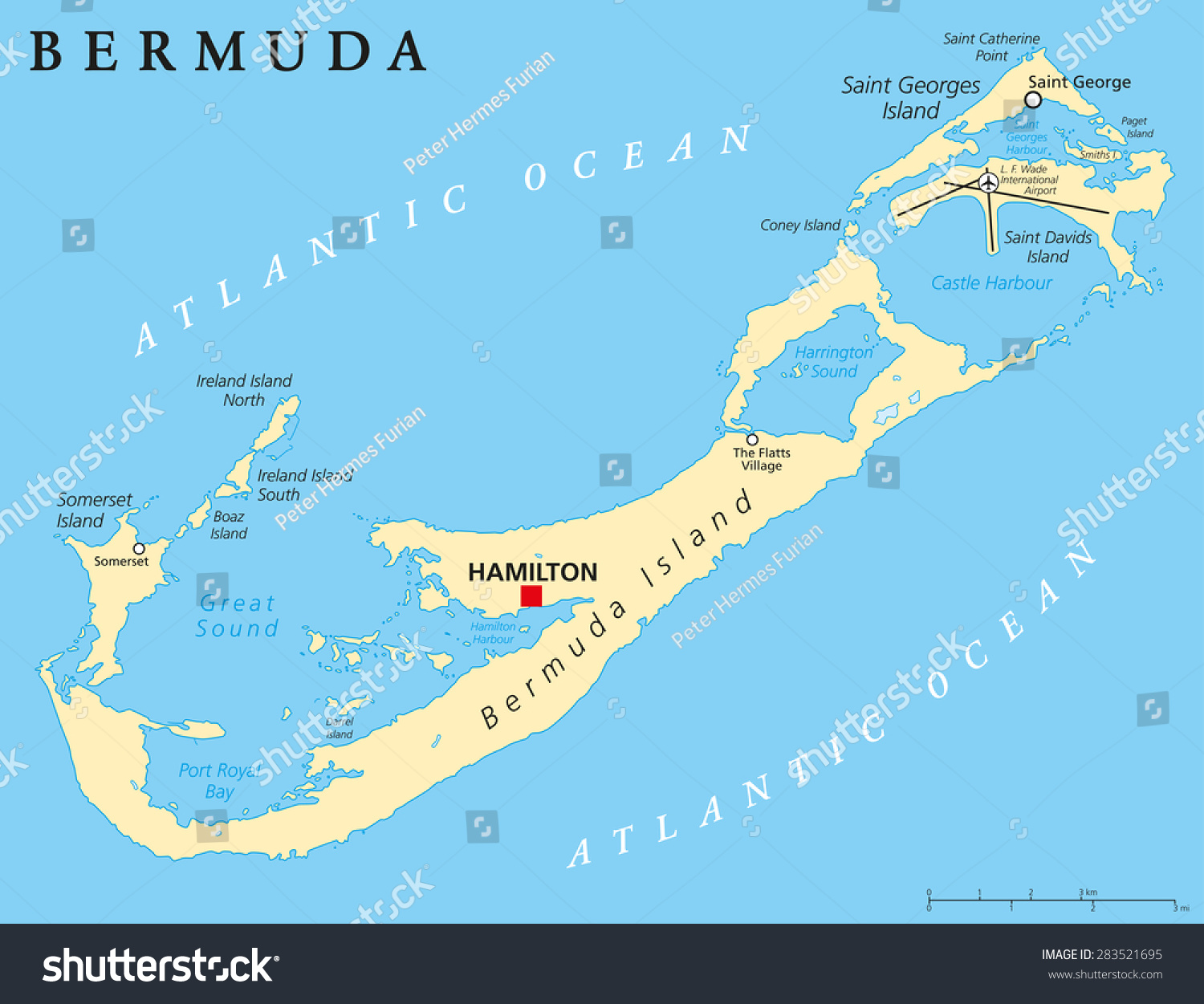 Bermuda Political Map With Capital Hamilton, Also Called The Bermudas 