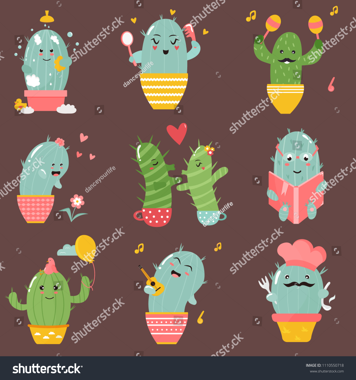 Big Set Cute Cartoon Cacti Stock Vector Royalty Free 1110550718