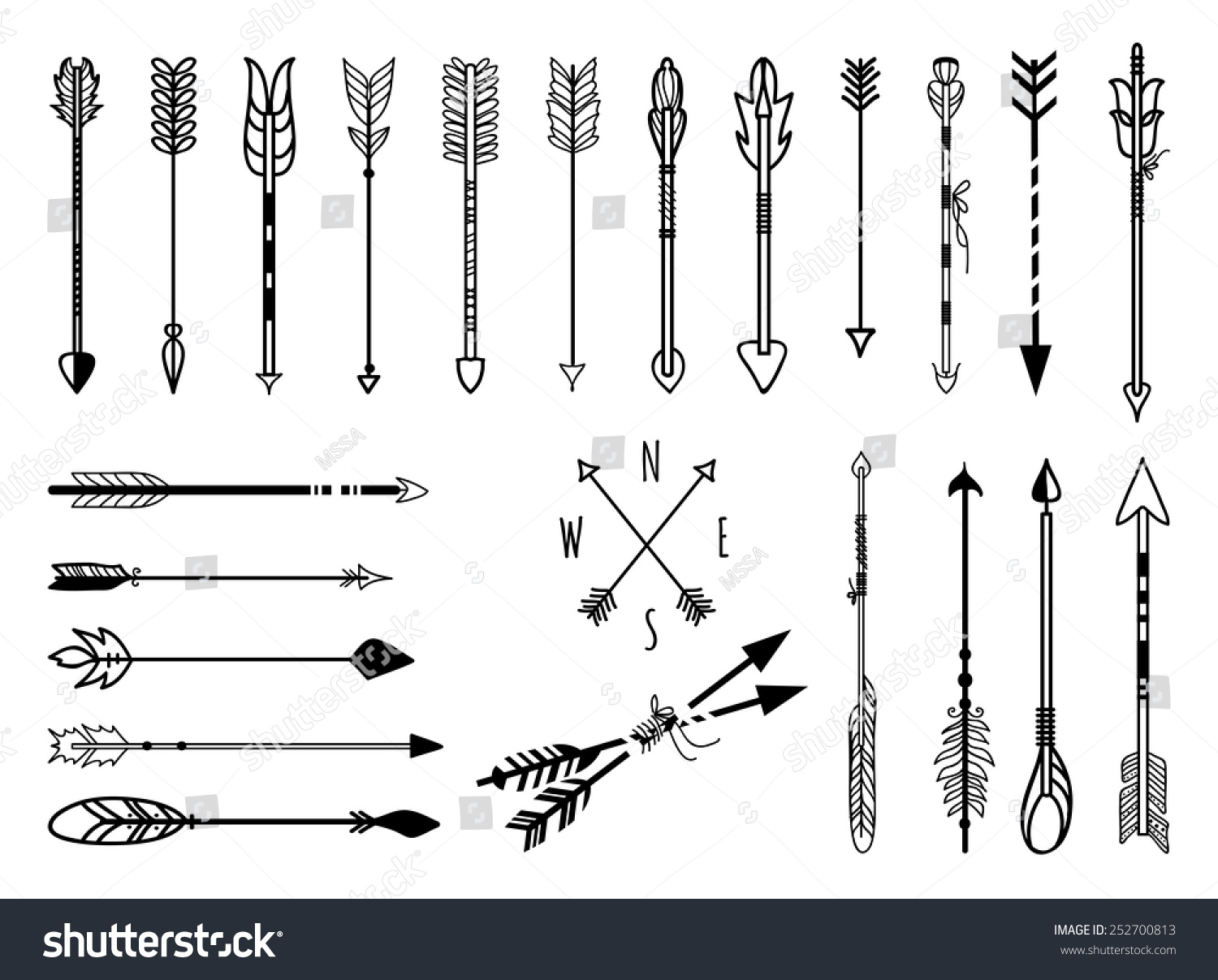 Big Set Of Hand Drawn Arrows. Fighting Arrow, Munition. Vector 