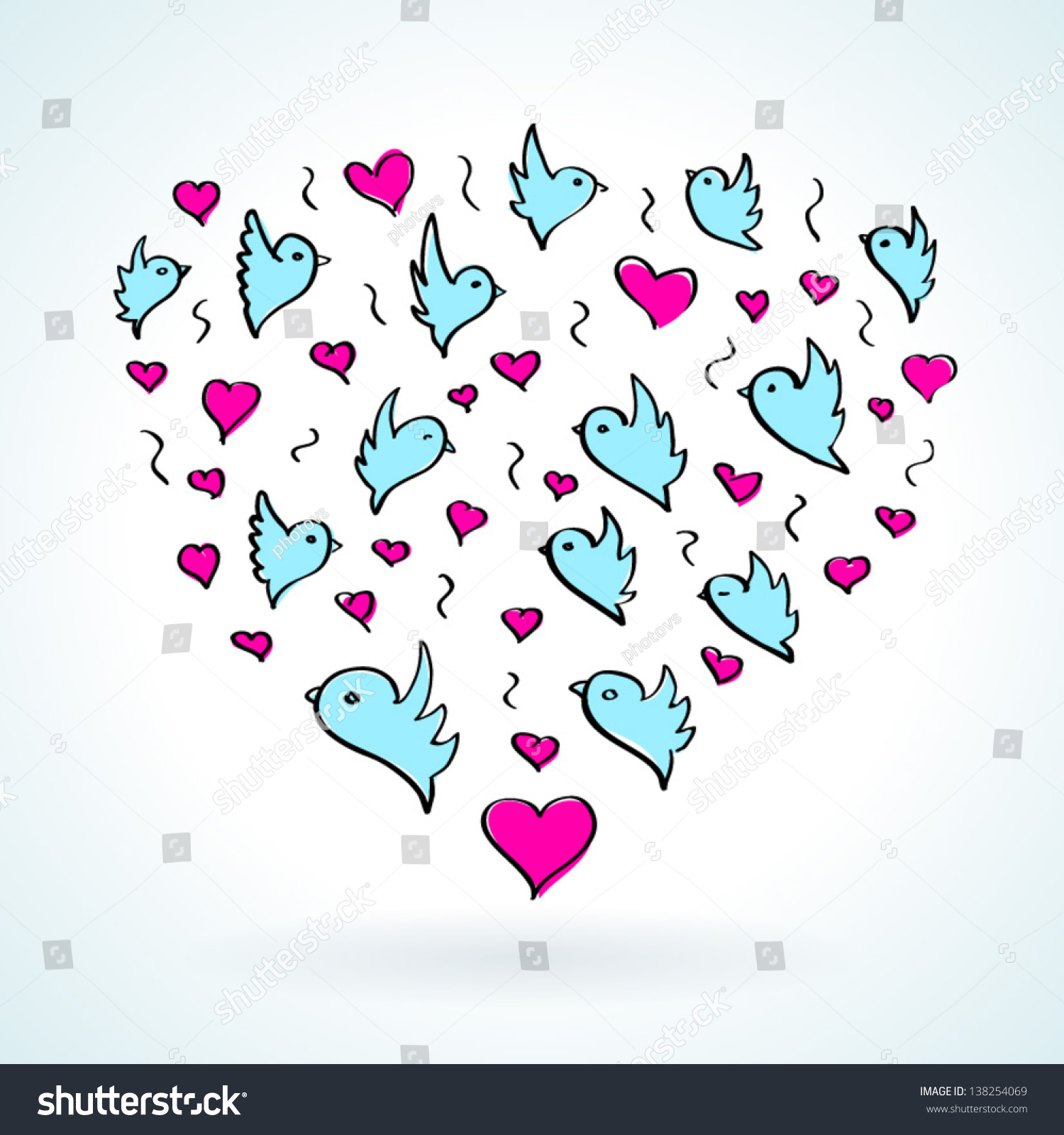 Birds Heart Fly Group Element Color Sketch Stock Vector Illustration