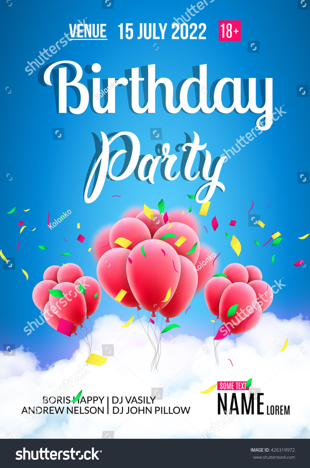 Birthday party poster Sky clouds happy birthday balloons with confetti Birthday party poster Sky clouds happy birthday balloons with confetti