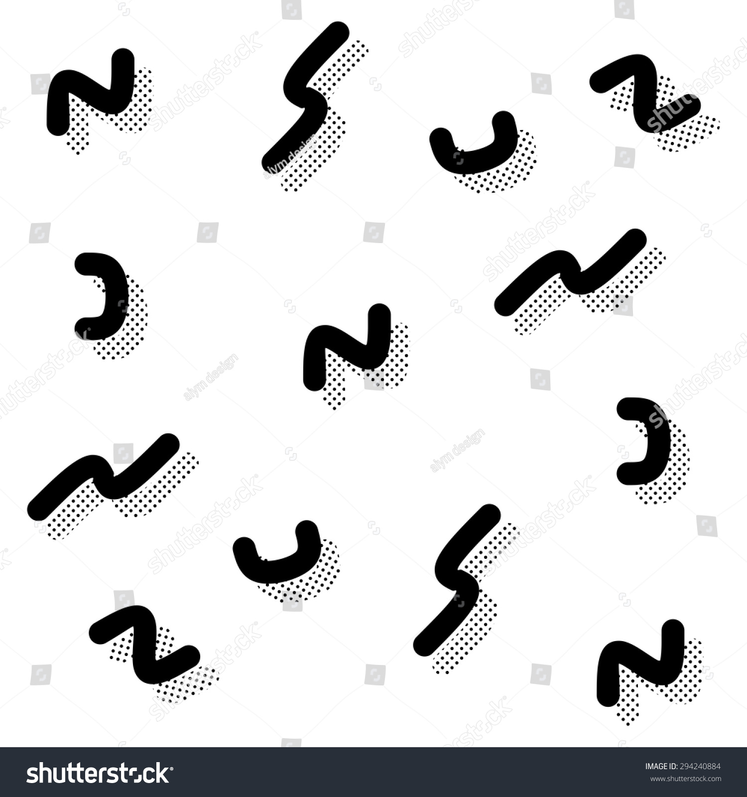 Black And White Abstract Seamless Squiggle Pattern In 90s Style Stock