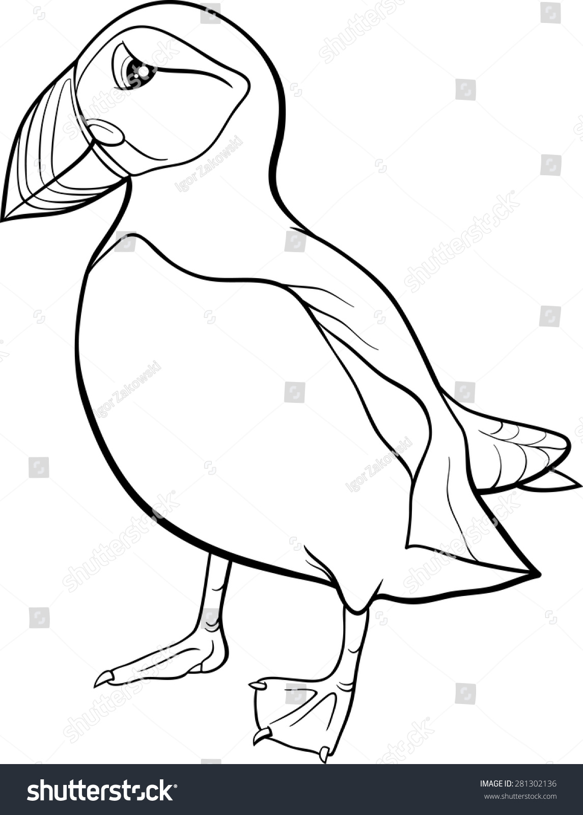 Black And White Cartoon Vector Illustration Of Atlantic Puffin Bird For