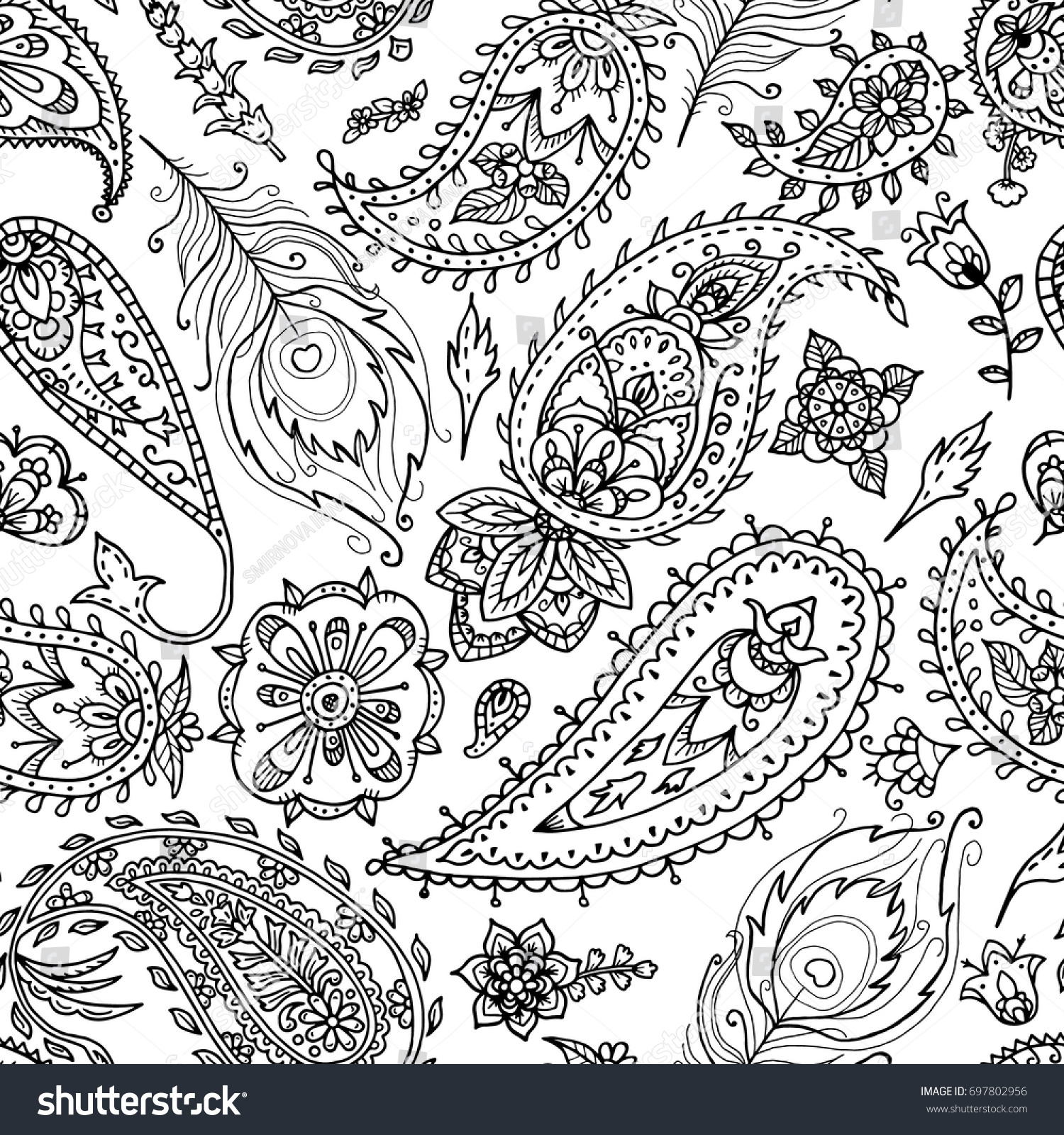 Black White Indian Paisley Flower Pattern Stock Vektorgrafik