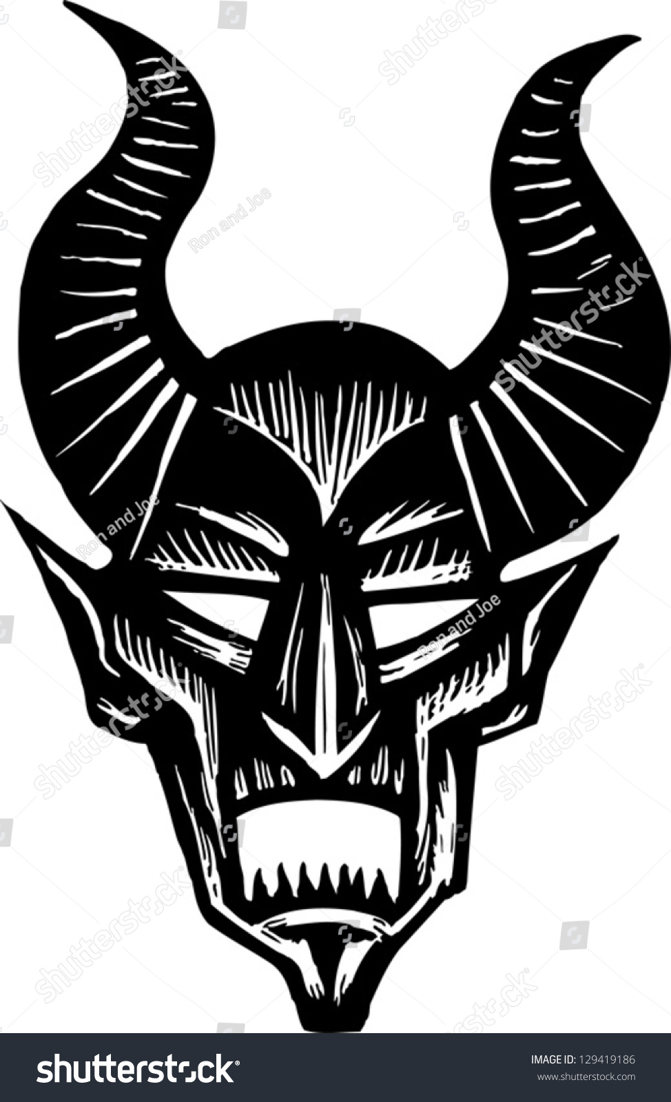 Black And White Vector Illustration Of A Demon Face - 129419186