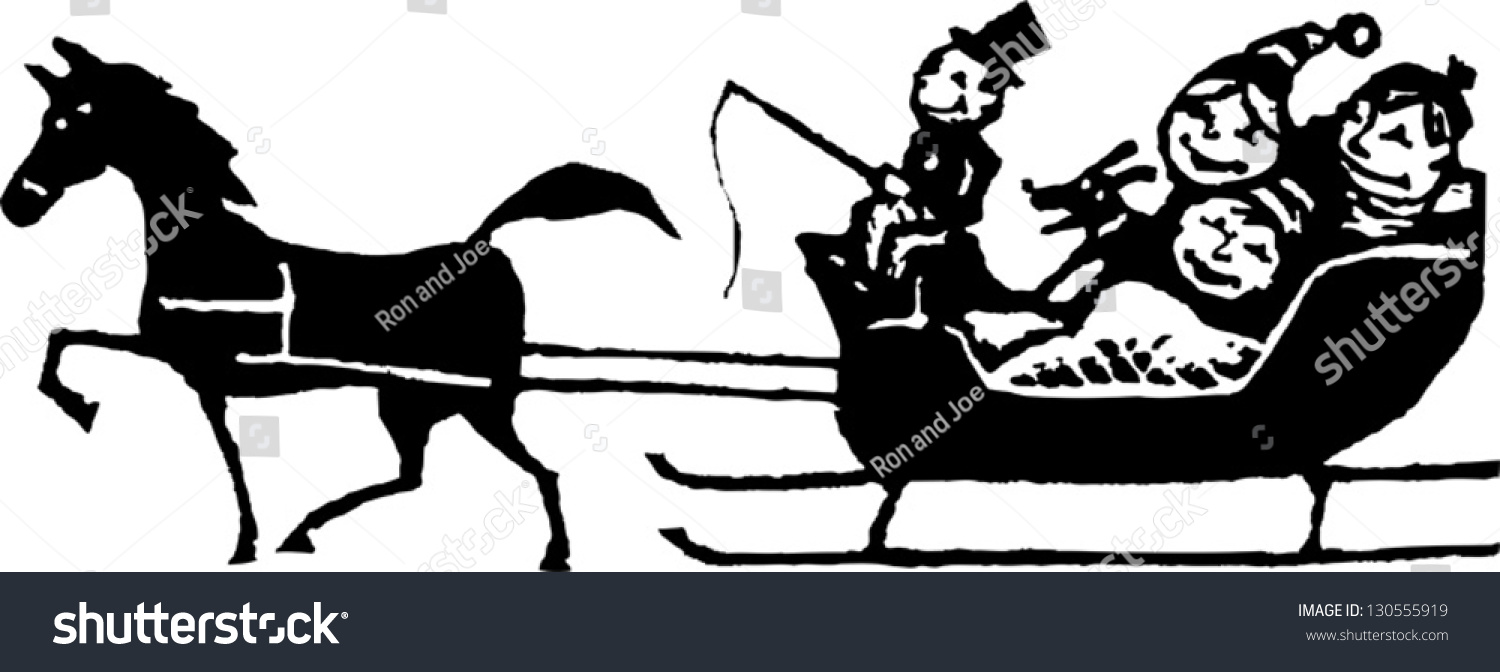 Black And White Vector Illustration Of A Family Riding In An One Horse