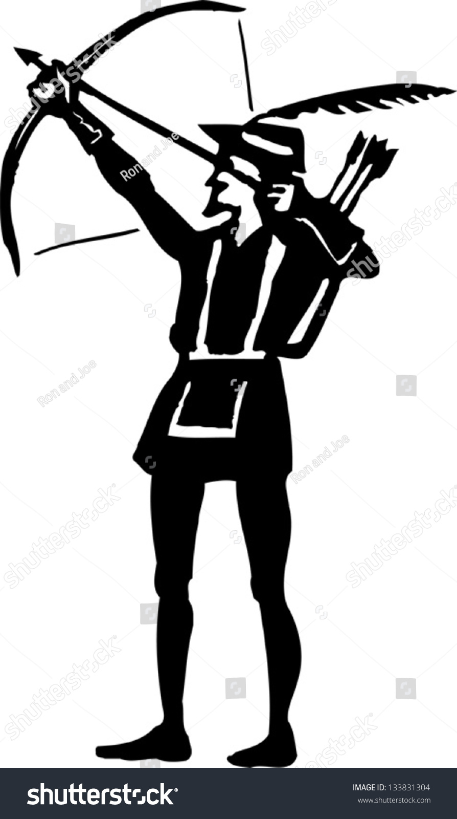 Black And White Vector Illustration Of Robin Hood Shooting An Arrow