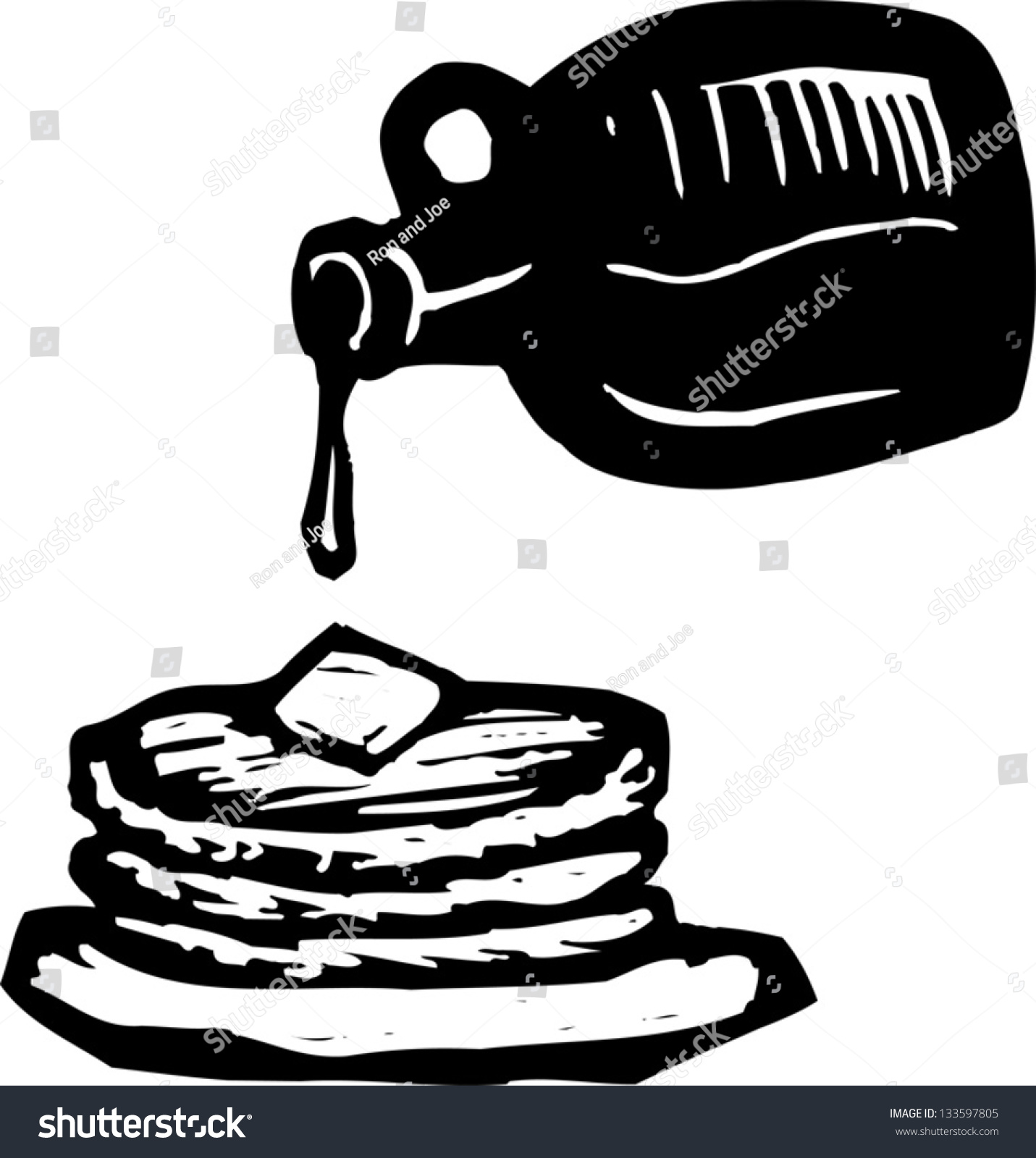 Black And White Vector Illustration Of Stack Of Pancakes With Syrup And