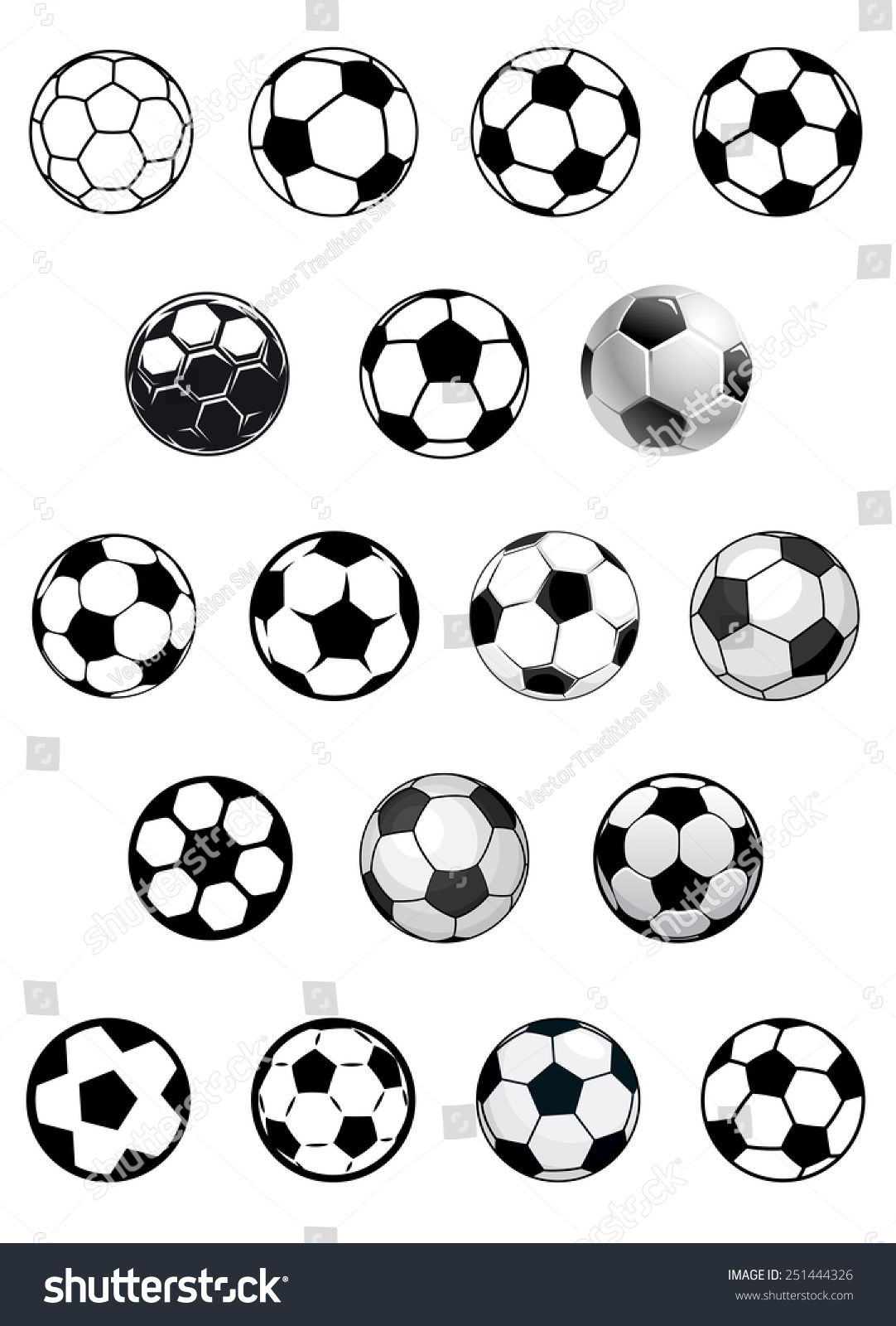 Black And White Vector Soccer Balls Or Footballs Isolated On White