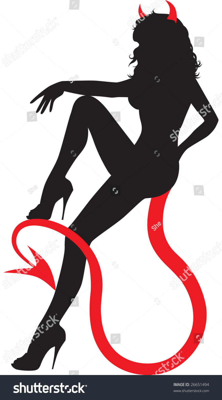 Black Silhouette Of Sexy Devil Woman Sitting On Her Own Tail Stock