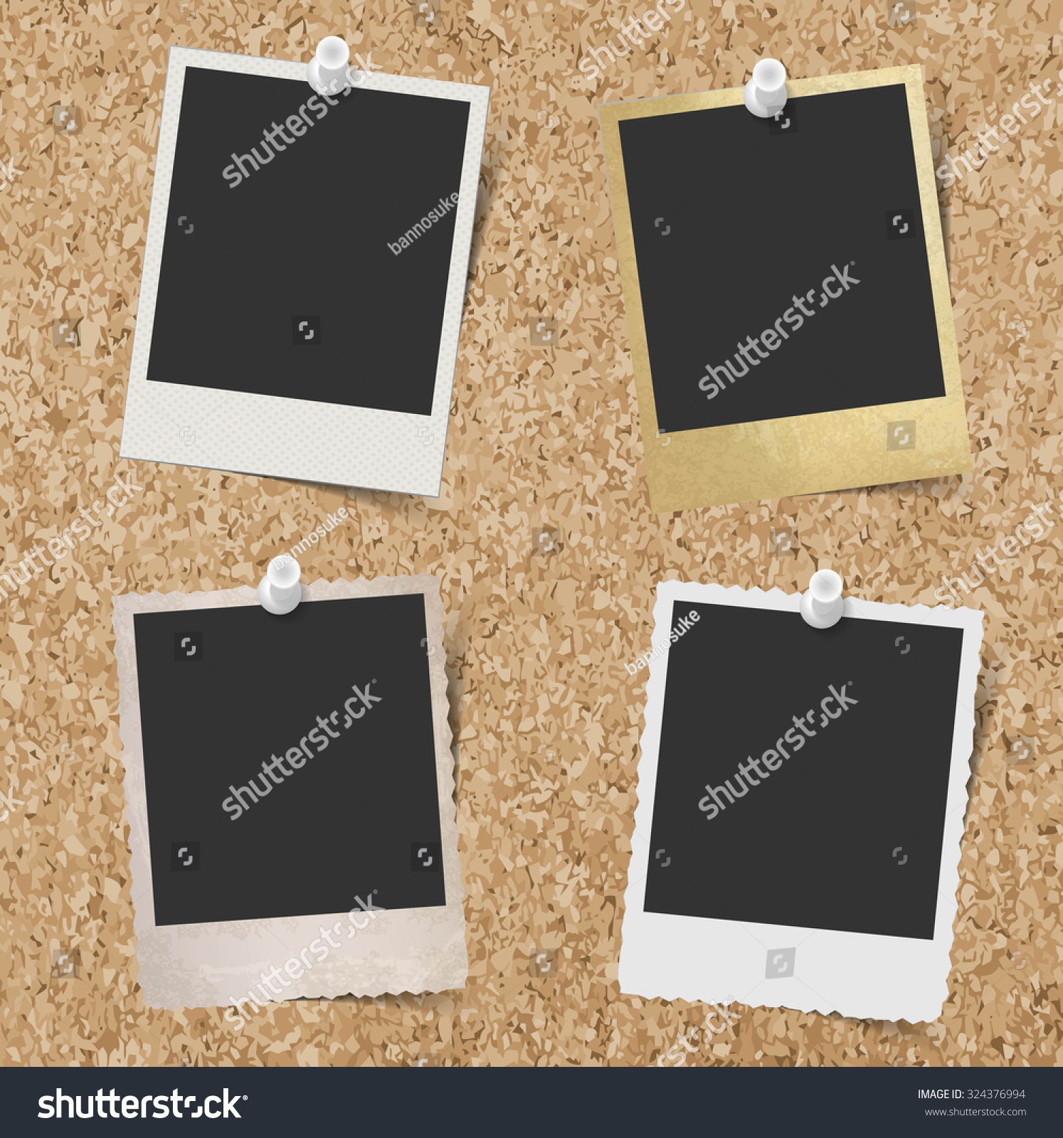 Blank instant photo frames pinned to cork board background Blank instant photo frames pinned to cork board background
