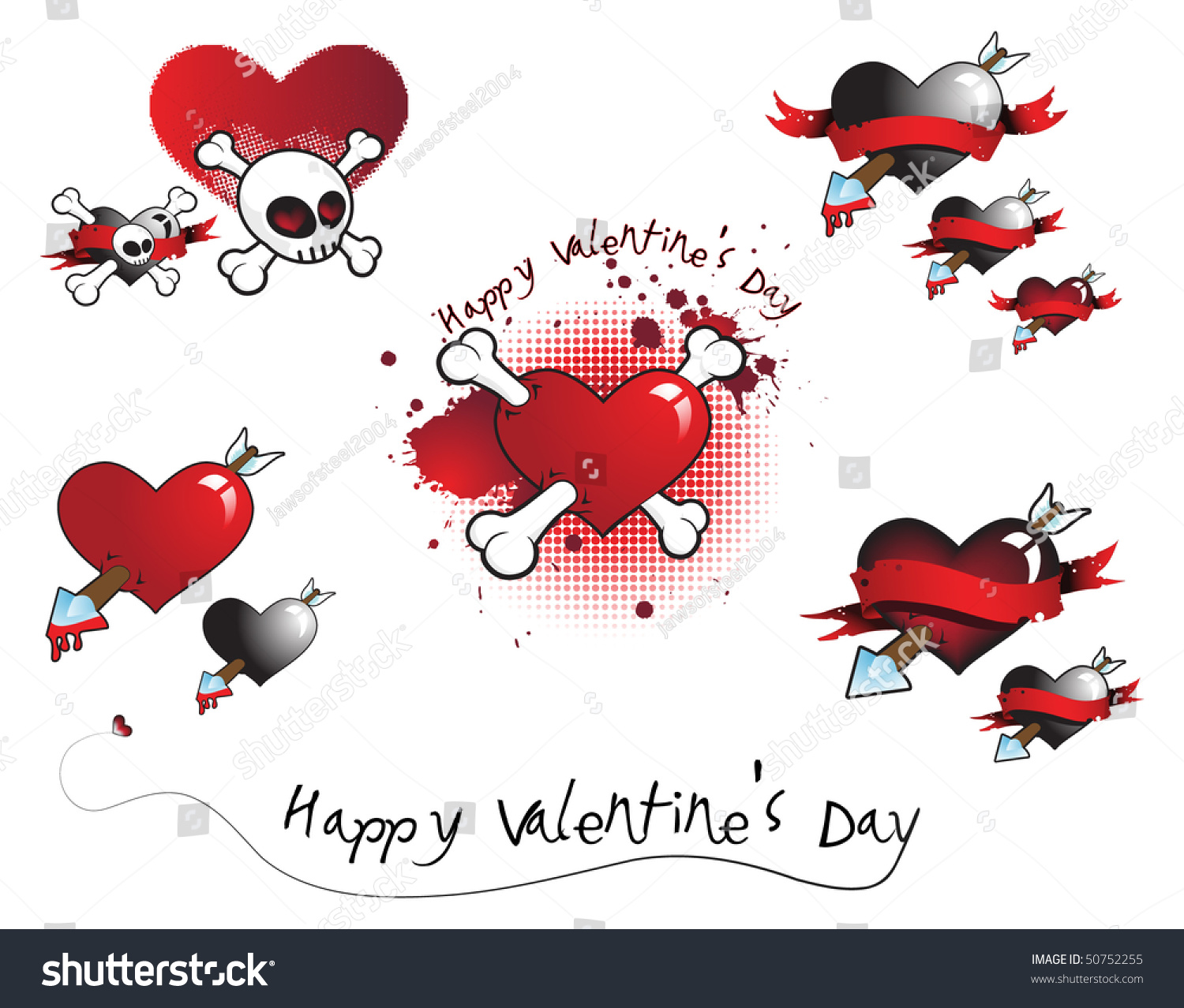 Bloody Valentine Icon Set Male Of Hearts, Bones, Arrows, Skulls And