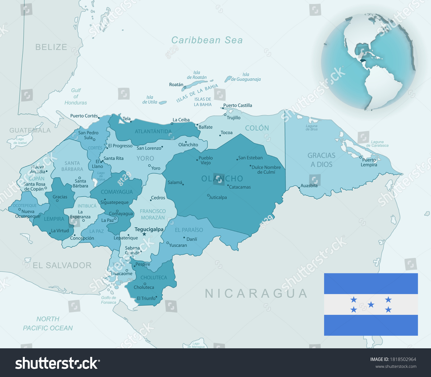 Bluegreen Detailed Map Honduras Administrative Divisions Stock Vector