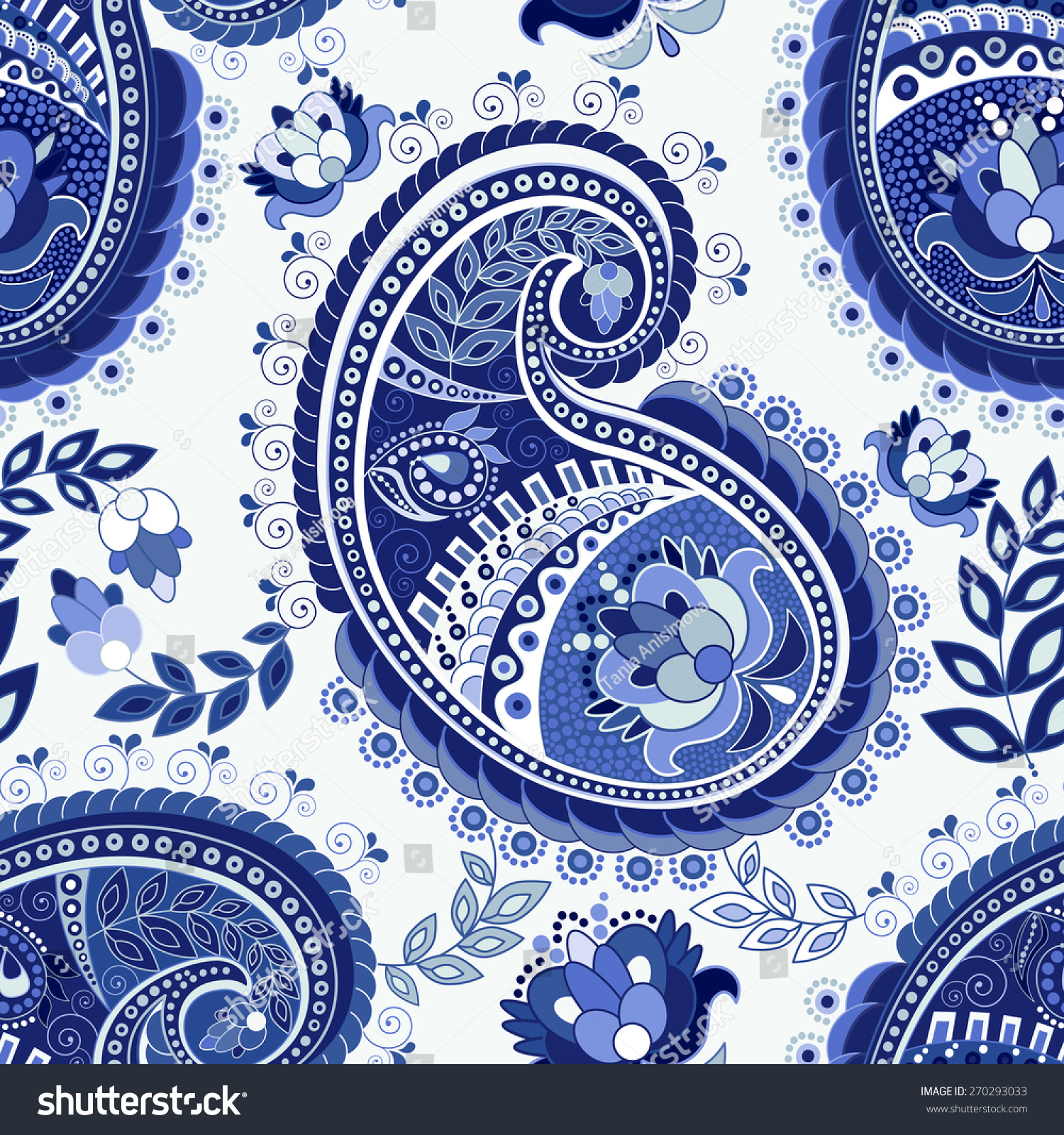 Blue Paisley Seamless Pattern Stock Vector Illustration 270293033