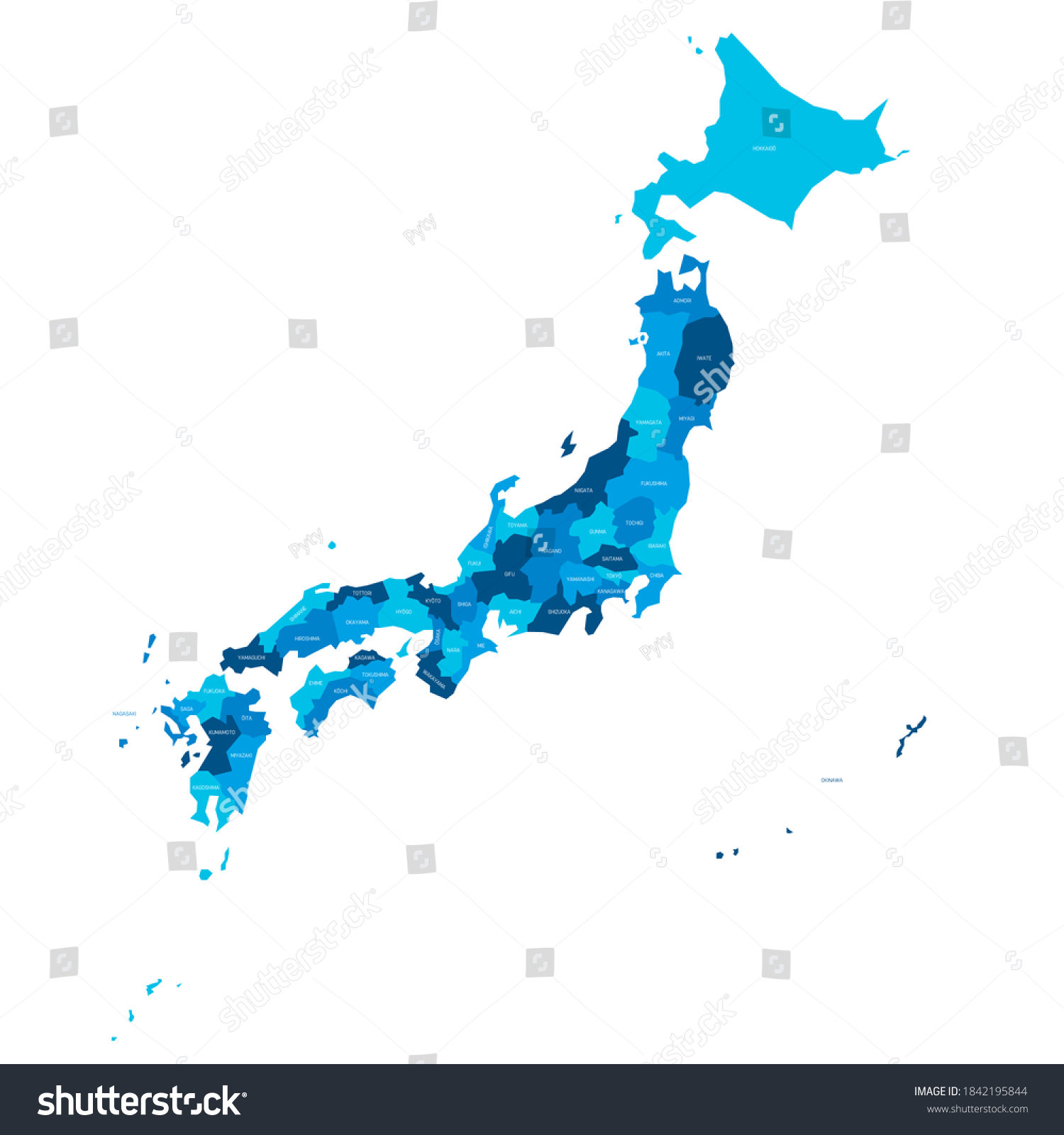 Blue Political Map Japan Administrative Divisions Stock Vector Royalty Free