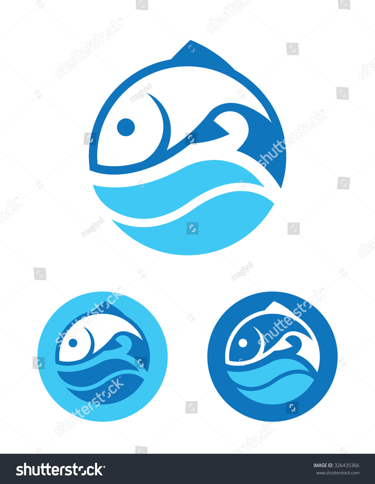 Blue round icon with fish and wave in three color variants isolated on white background Blue round icon with fish and wave in three color variants isolated on white background