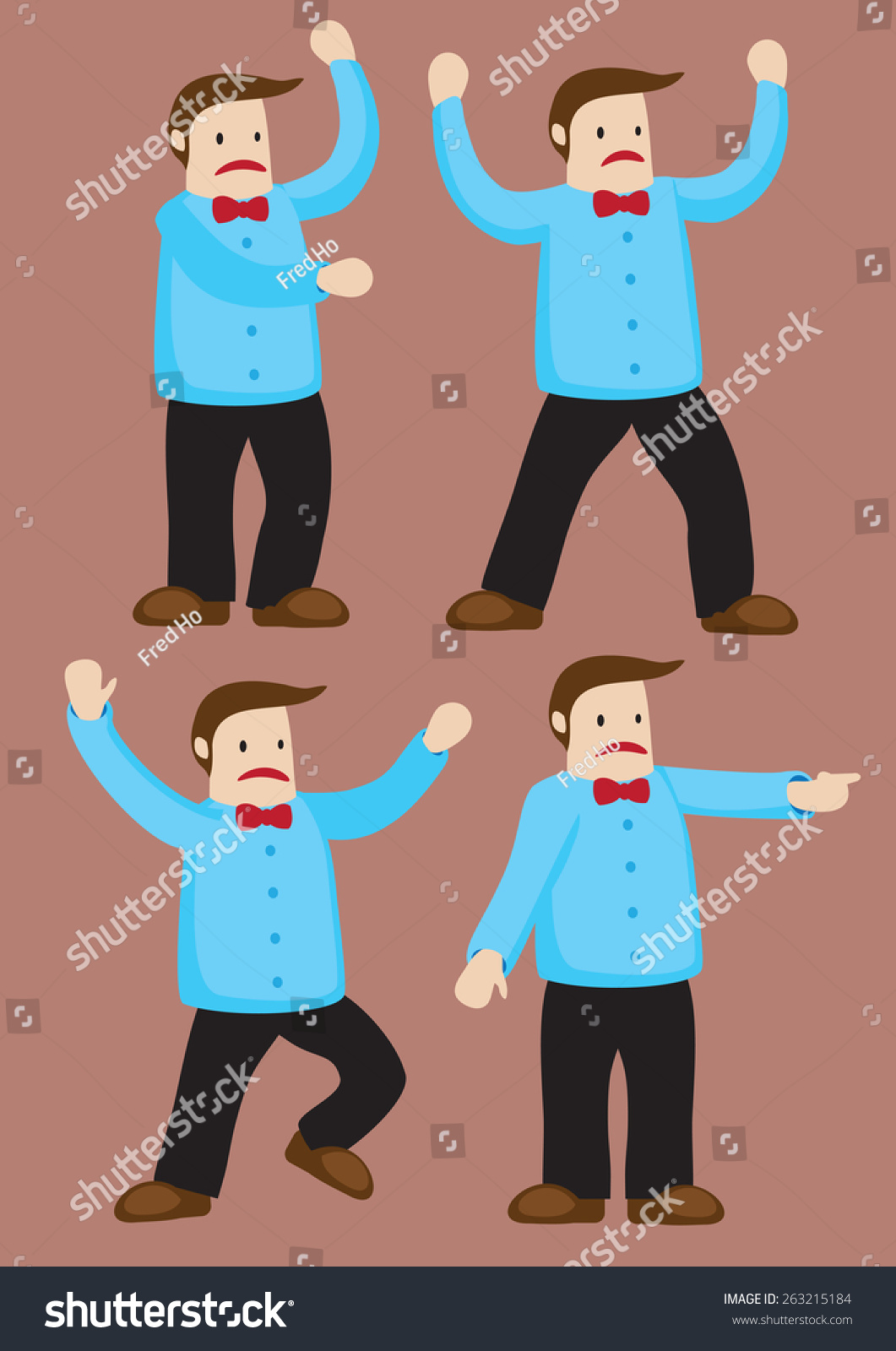 Body Language And Gestures Of An Unhappy Cartoon Man With Bow Tie