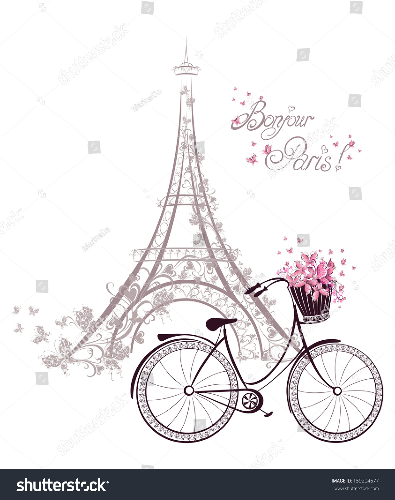 Bonjour Paris Text Tower Eiffel Bicycle Stock Vector