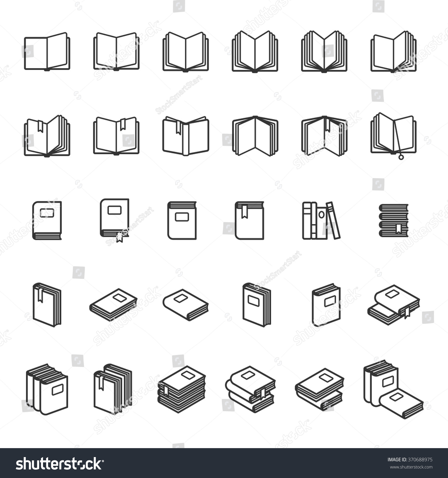 Book Thin Line Icons. Black Book Images On White Background. Vector