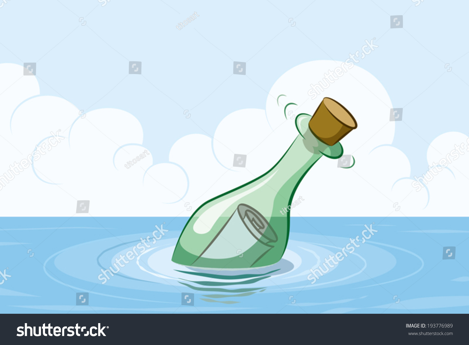 Bottle With Message Floating On Water Vector Cartoon Illustration