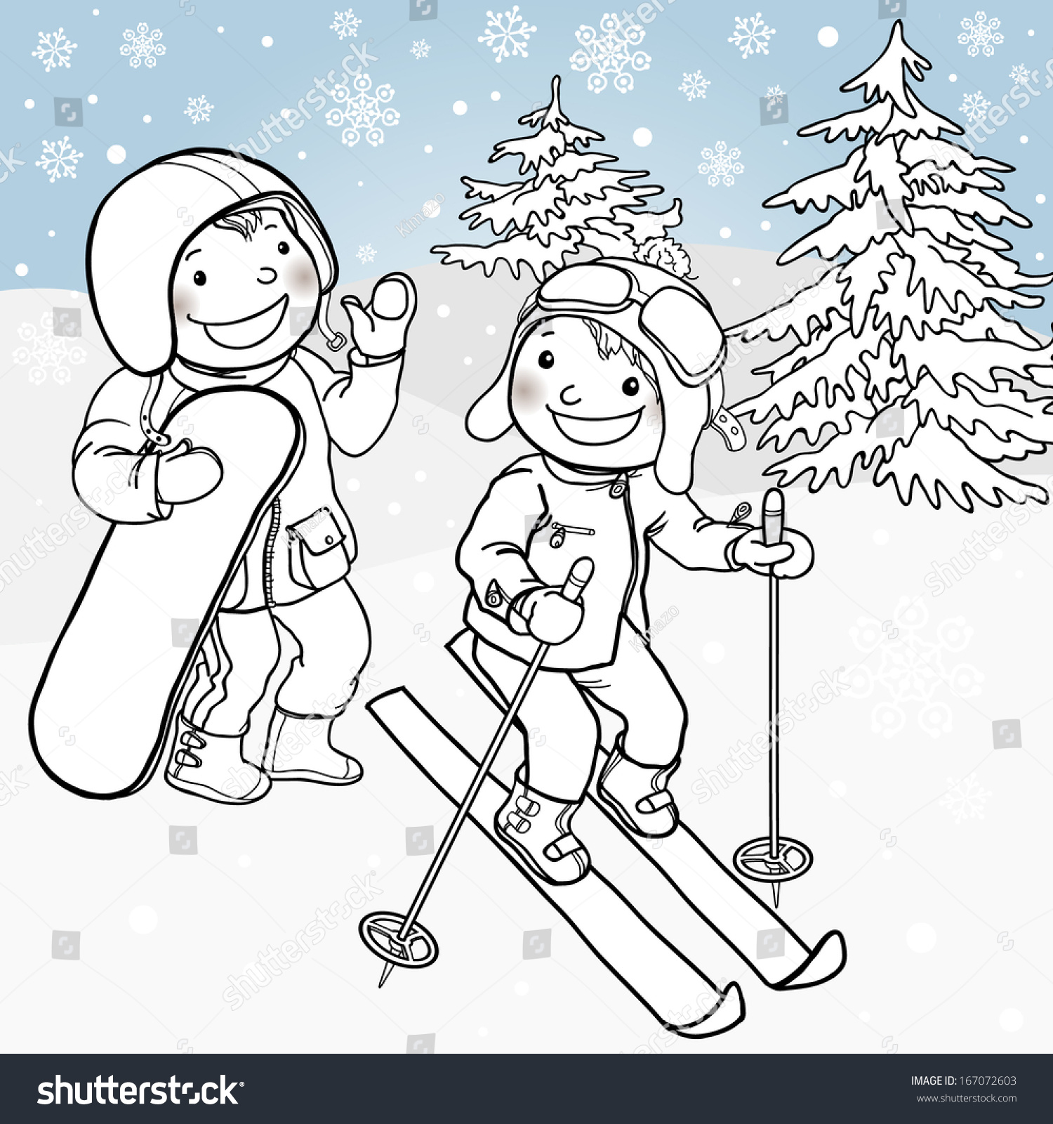 Boy Girl Ski Resort Black White Stock Vector 167072603 - Shutterstock