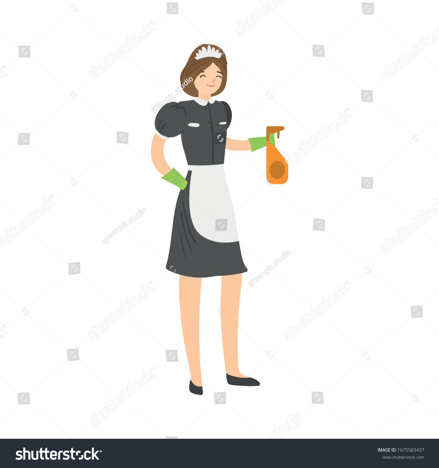 Brownhaired Smiling Housemaid Posing Squirting Spray Stock Vector