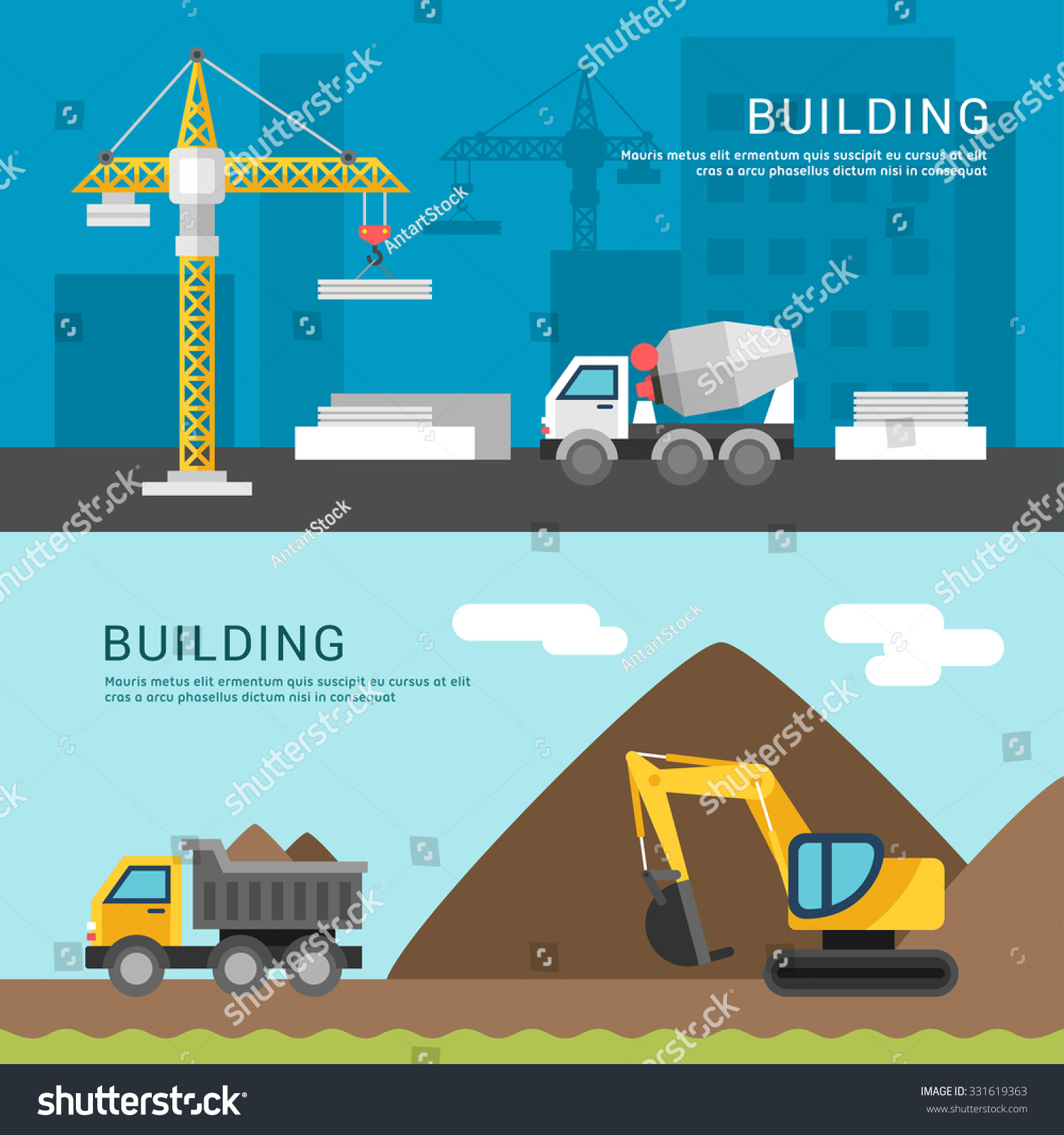 Building Concept Crane and Cement Mixers Dump Truck and Excavator Vector Illustration in Flat Design Style for Web Banners or Promotional Materials Building Concept Crane and Cement Mixers Dump Truck and Excavator Vector Illustration in Flat Design Style for Web Banners or Promotional Materials