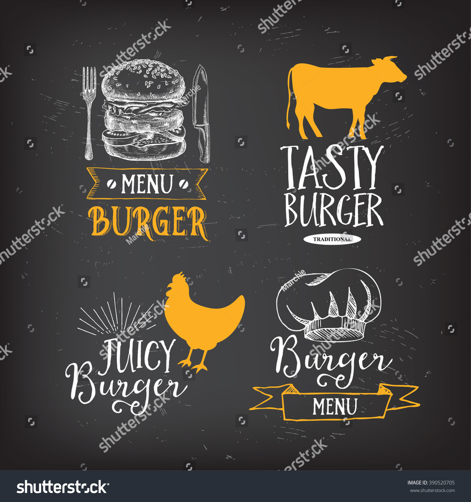 Burger menu restaurant badges Food design icons with hand-drawing elements Graphic labels for fast food restaurant template Burger menu restaurant badges Food design icons with hand-drawing elements Graphic labels for fast food restaurant template