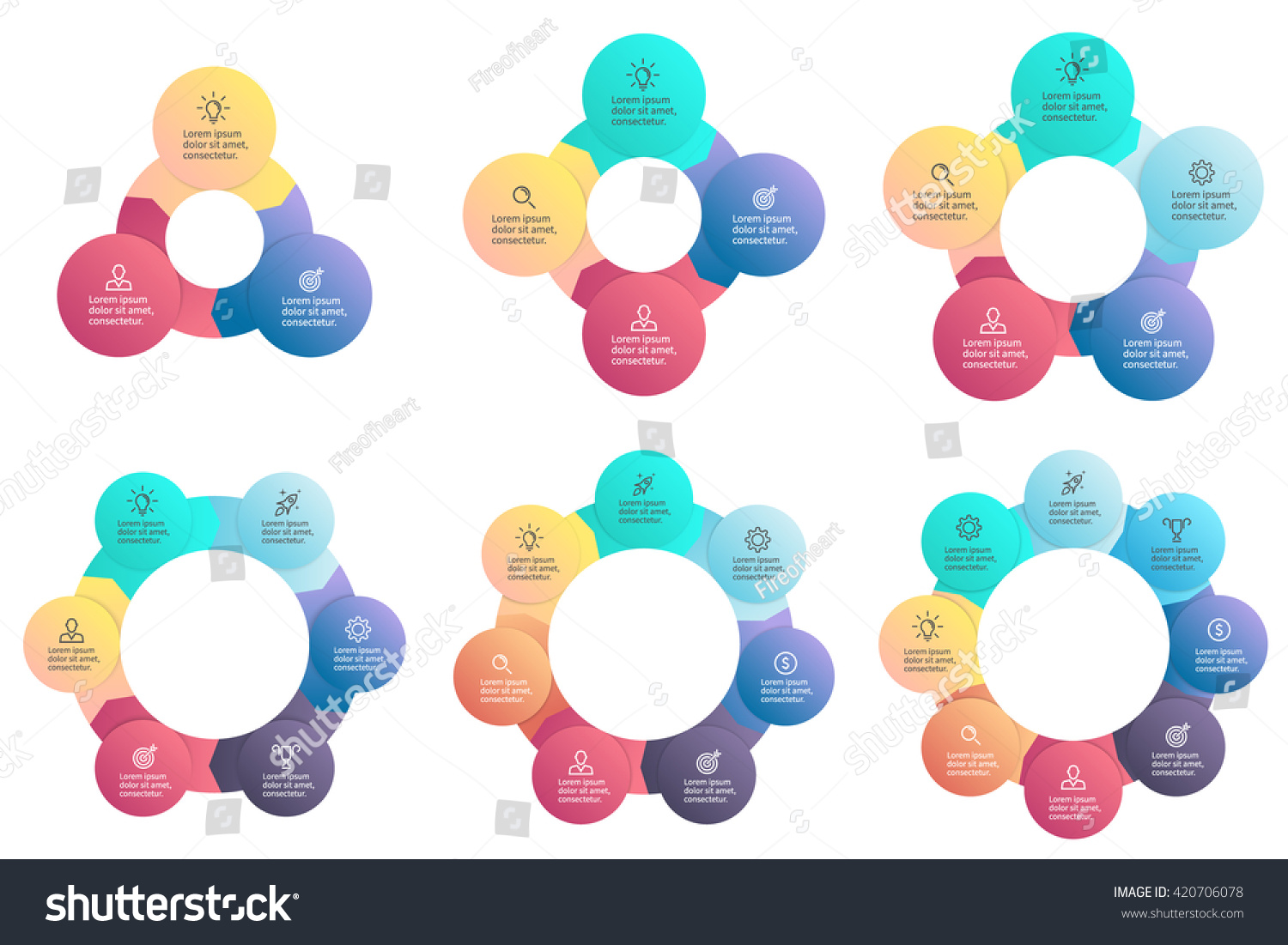 Business infographics Circular charts diagrams with 3 4 5 6 7 8 steps options parts processes Vector templates Business infographics Circular charts diagrams with 3 4 5 6 7 8 steps options parts processes Vector templates