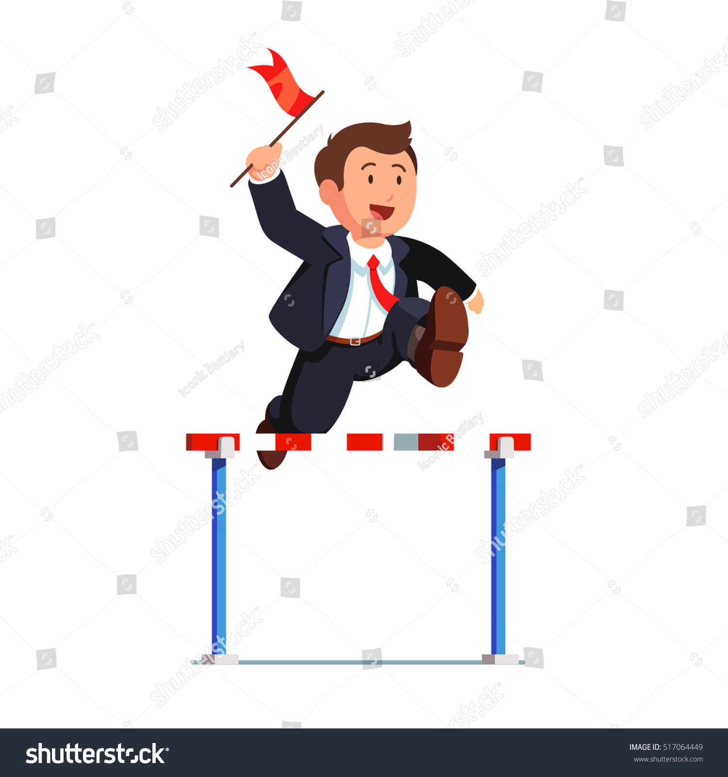Business man competing in a steeplechase race holding a leader red flag in hand jumping over the obstacle Determined businessman Flat style vector illustration isolated on white background Business man competing in a steeplechase race holding a leader red flag in hand jumping over the obstacle Determined businessman Flat style vector illustration isolated on white background