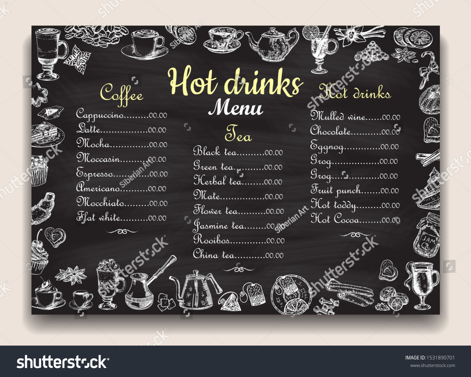 Cafe Restaurant Hot Drinks Menu List Stock Vector Royalty Free 1531890701