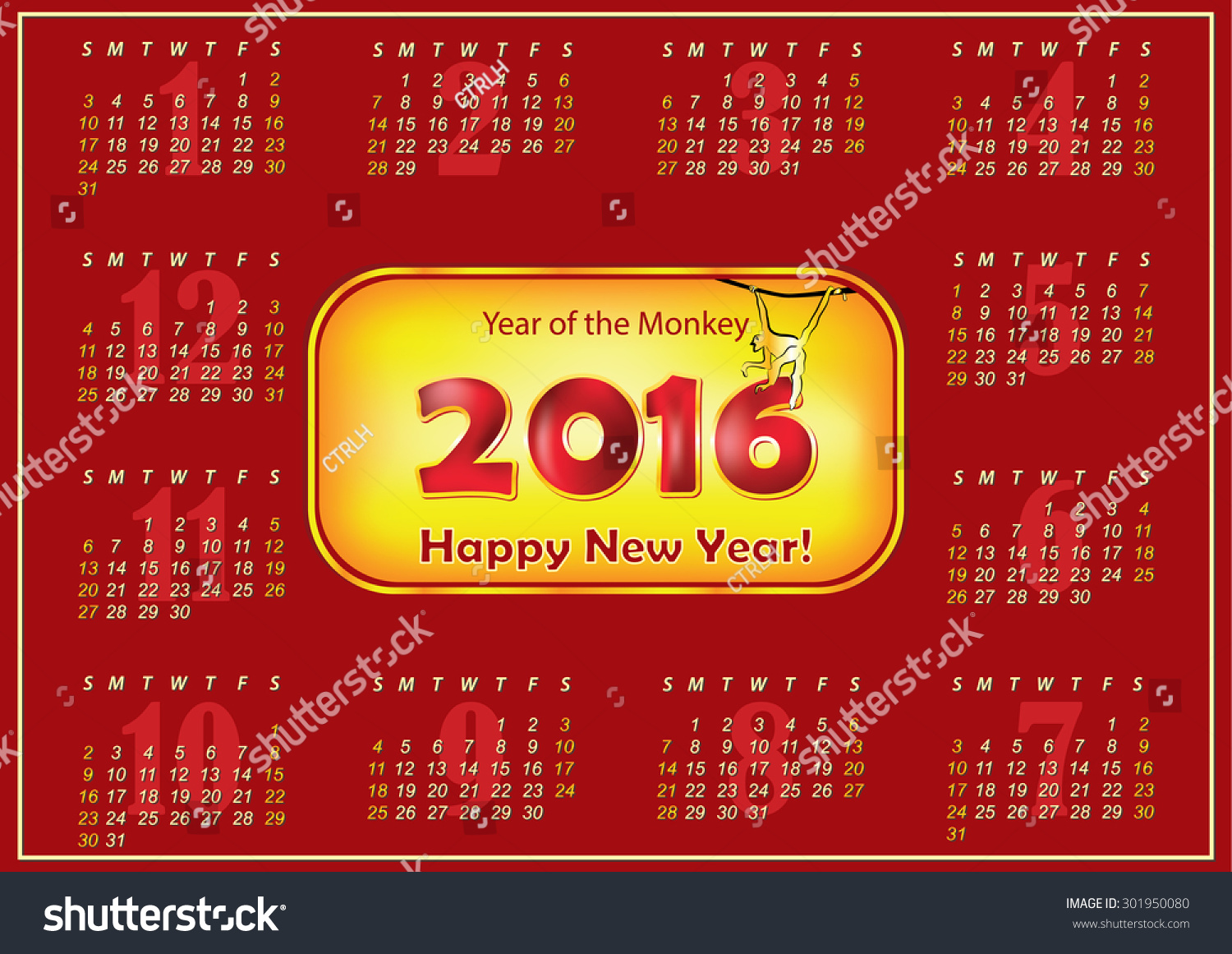 Calendar 2016 Chinese New Year Of The Monkey. Calendar For The Year