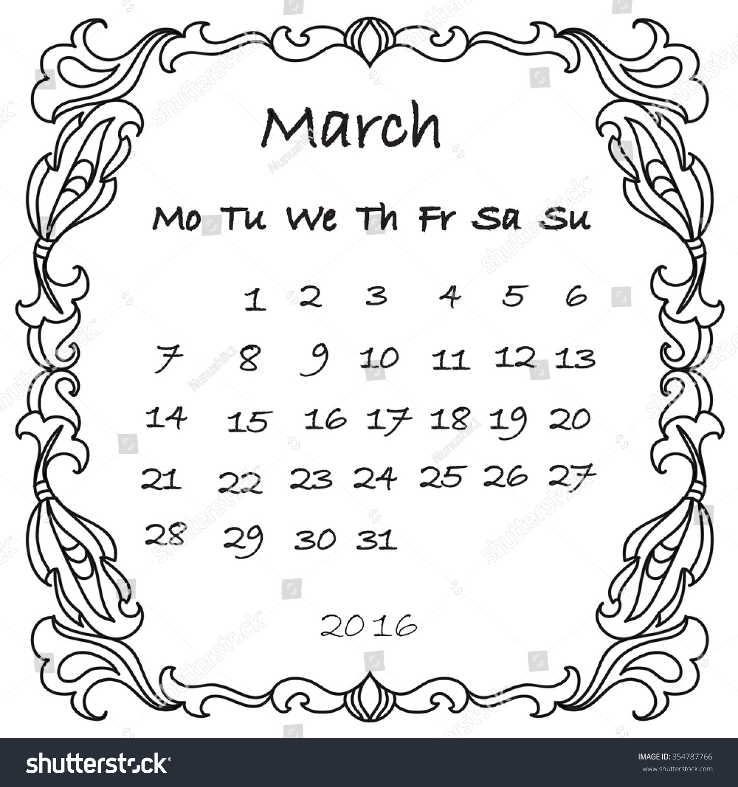 Calendar 2016 March Coloring Page Stock Vector 354787766 - Shutterstock