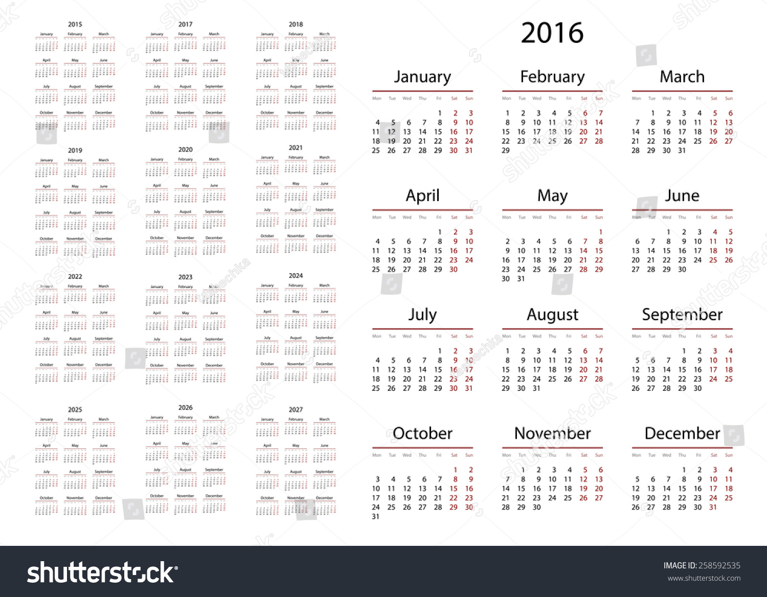 Calendar 2015, 2016, 2017, 2018, 2019, 2020, 2021, 2022, 2023, 2024