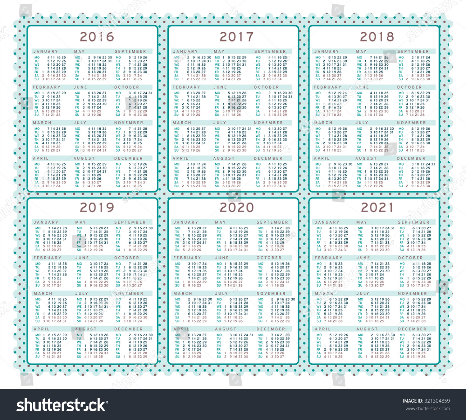 Calendar 2016 2017 2018 2019 2020 2021 Years. Calendar Set ...