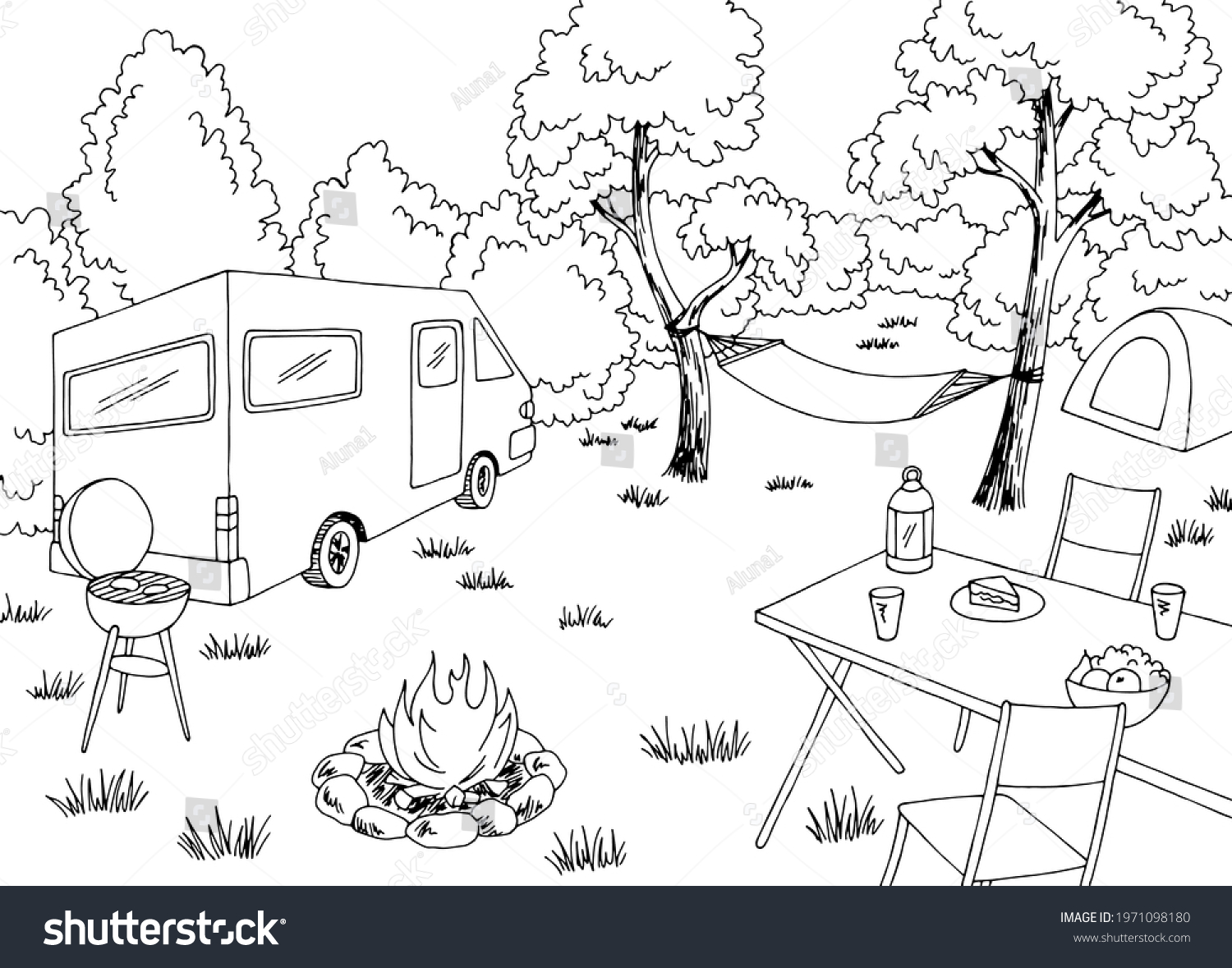 Camping Graphic Black White Mountain Landscape Stock Vector Royalty