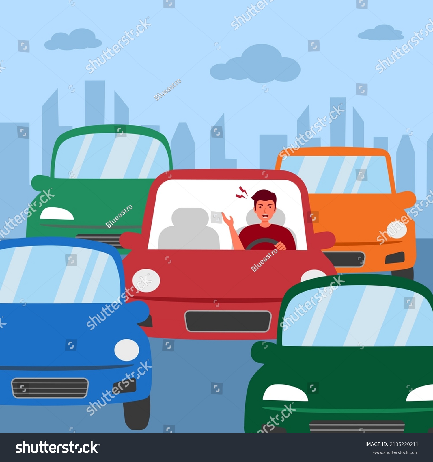 Car Traffic Jam On Street Flat Stock Vector Royalty Free