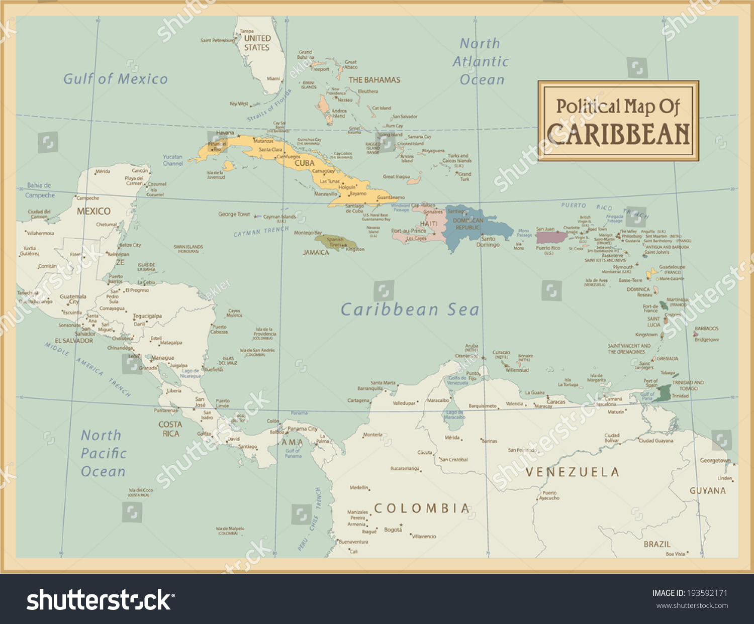 Caribbean Highly Detailed Map All Elements Are Separated In Editable