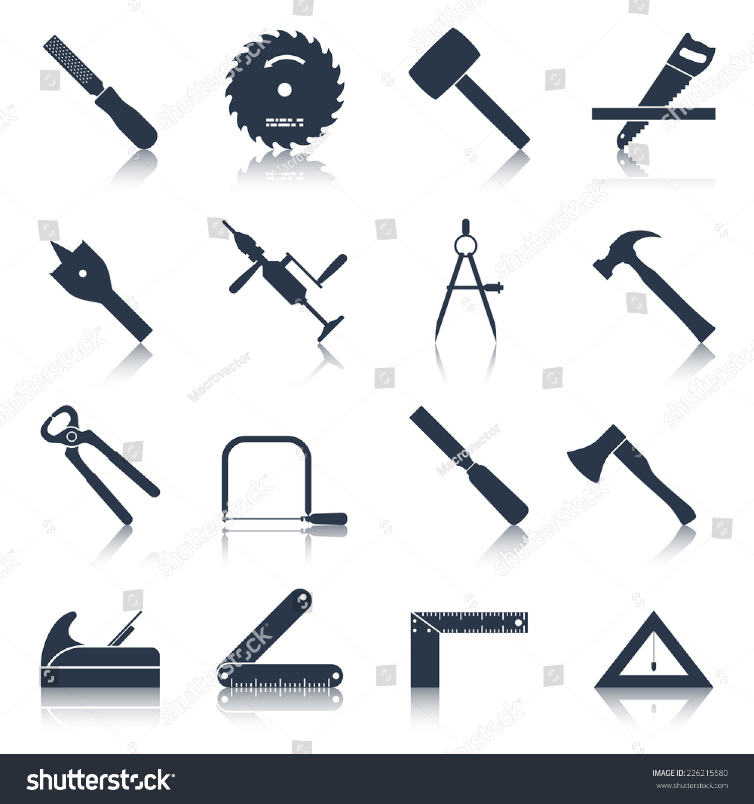 wood work tools and equipment black icons set isolated vector ...