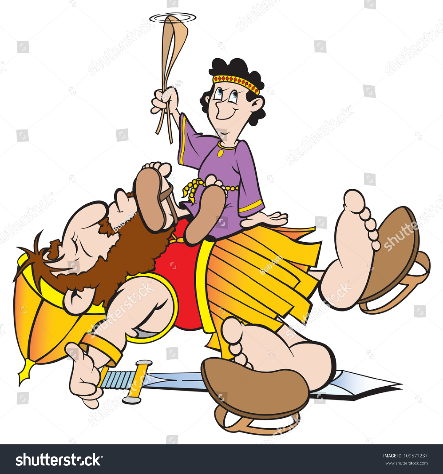 Cartoon Art Of David Sitting On The Giant Goliath Whom He Just Defeated Stock Vector