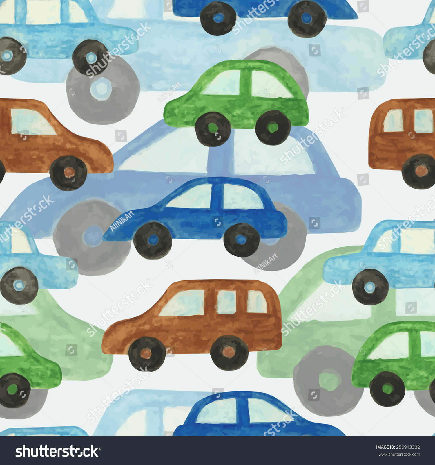 Cartoon Cars Seamless Pattern Watercolor Painting Stock Vector Royalty