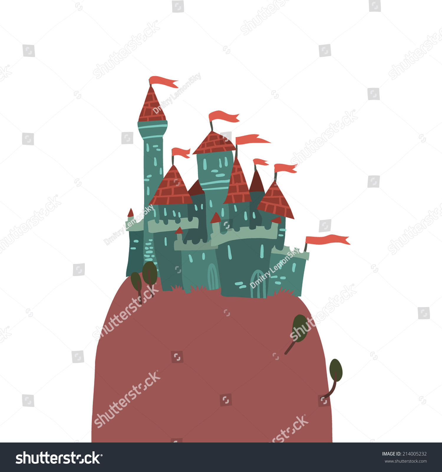 Cartoon Castle On A Hill Flat Icon. The Vector Illustration Of Cartoon