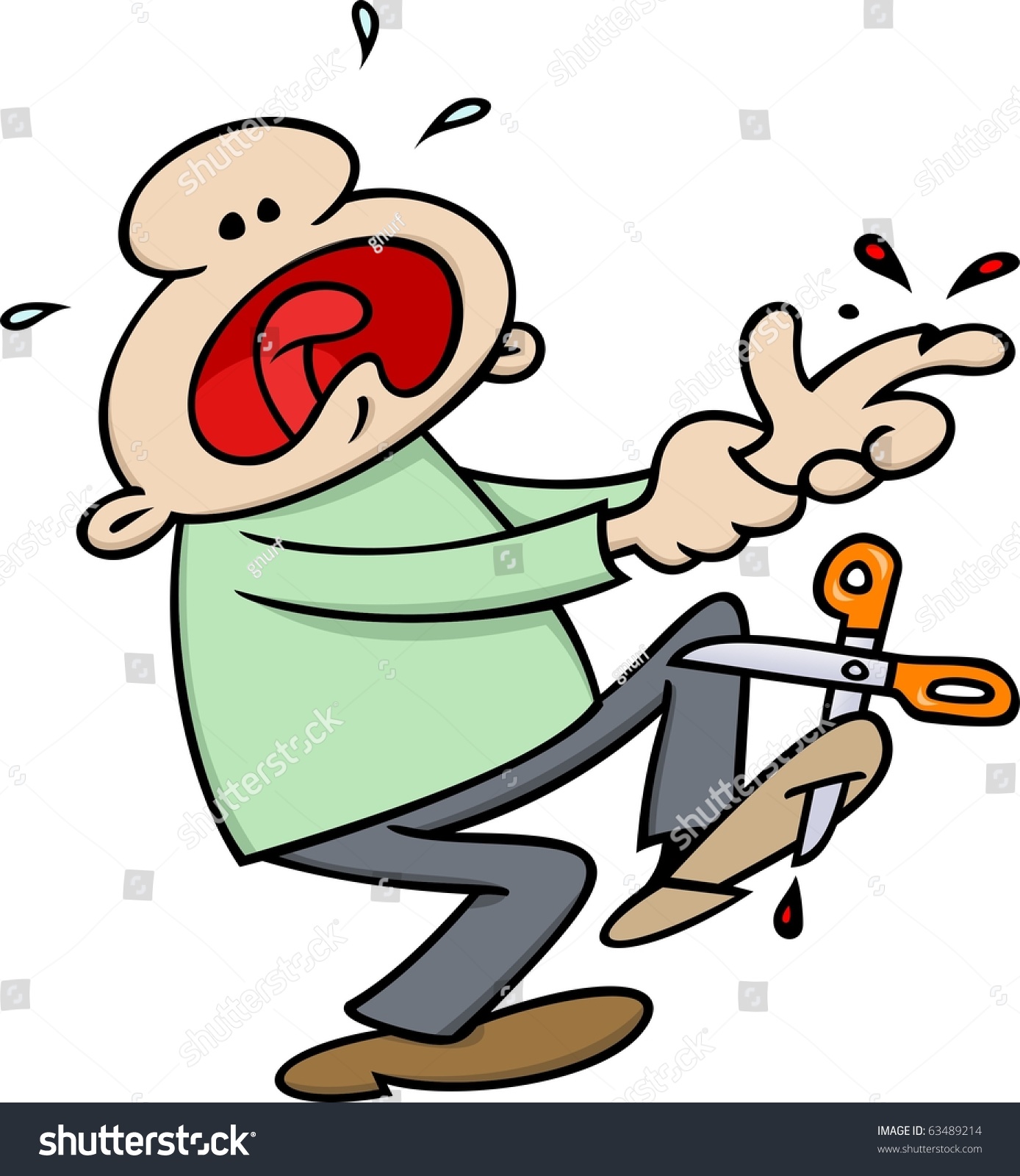 Cartoon Character Having A Double Accident A Cut In His Finger And The Scissors Through His 