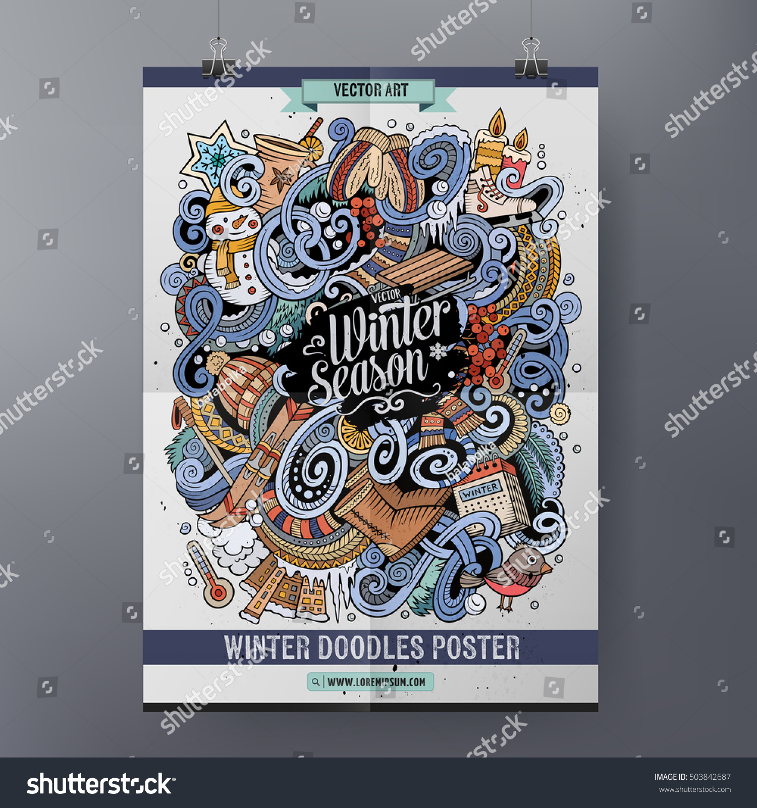 Cartoon colorful hand drawn doodles winter season poster template Very detailed with lots of objects illustration Funny vector artwork Corporate identity design Cartoon colorful hand drawn doodles winter season poster template Very detailed with lots of objects illustration Funny vector artwork Corporate identity design