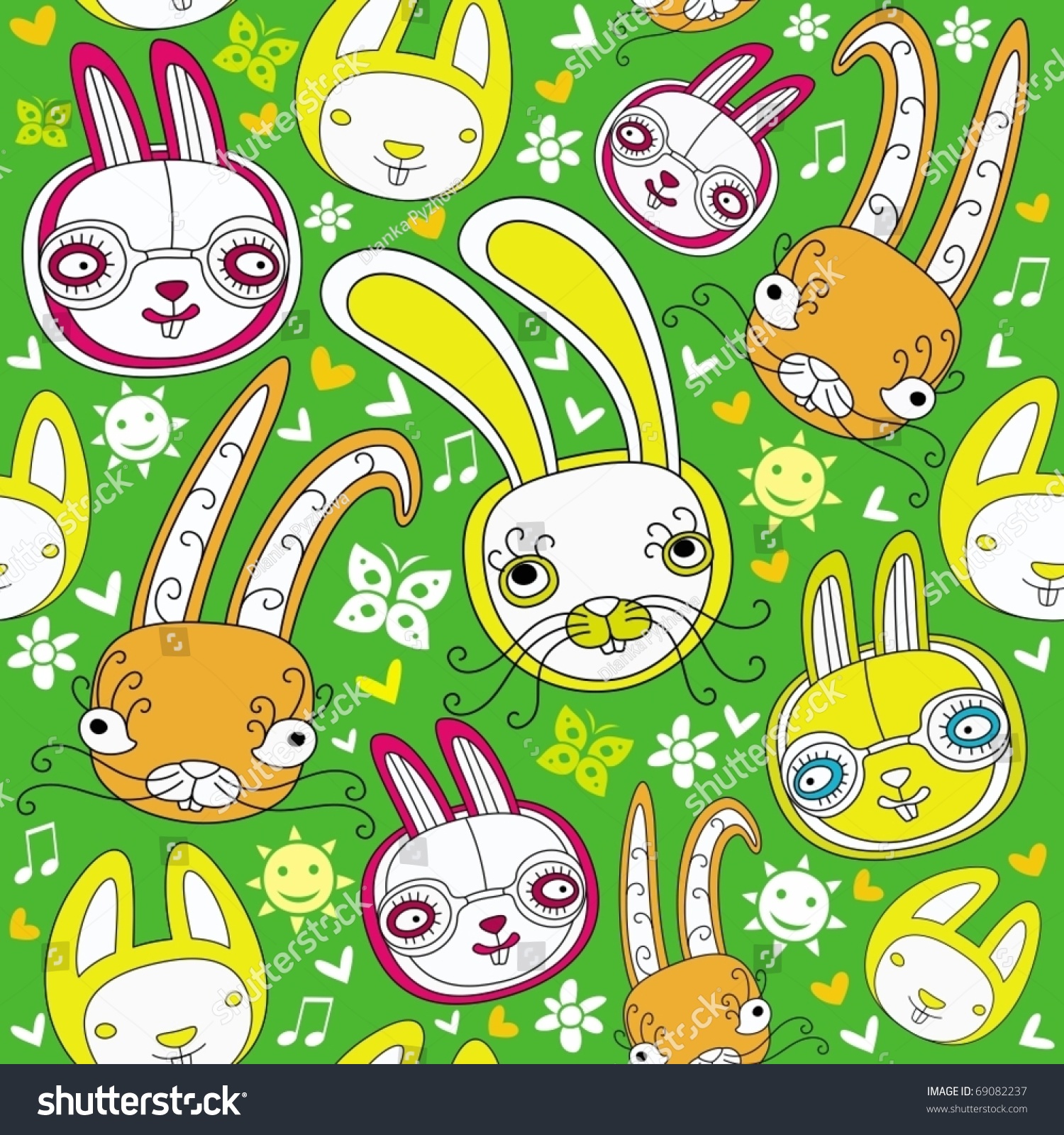 Cartoon Doodle Background With Colorful Bunnies. Rabbit Is A Symbol Of