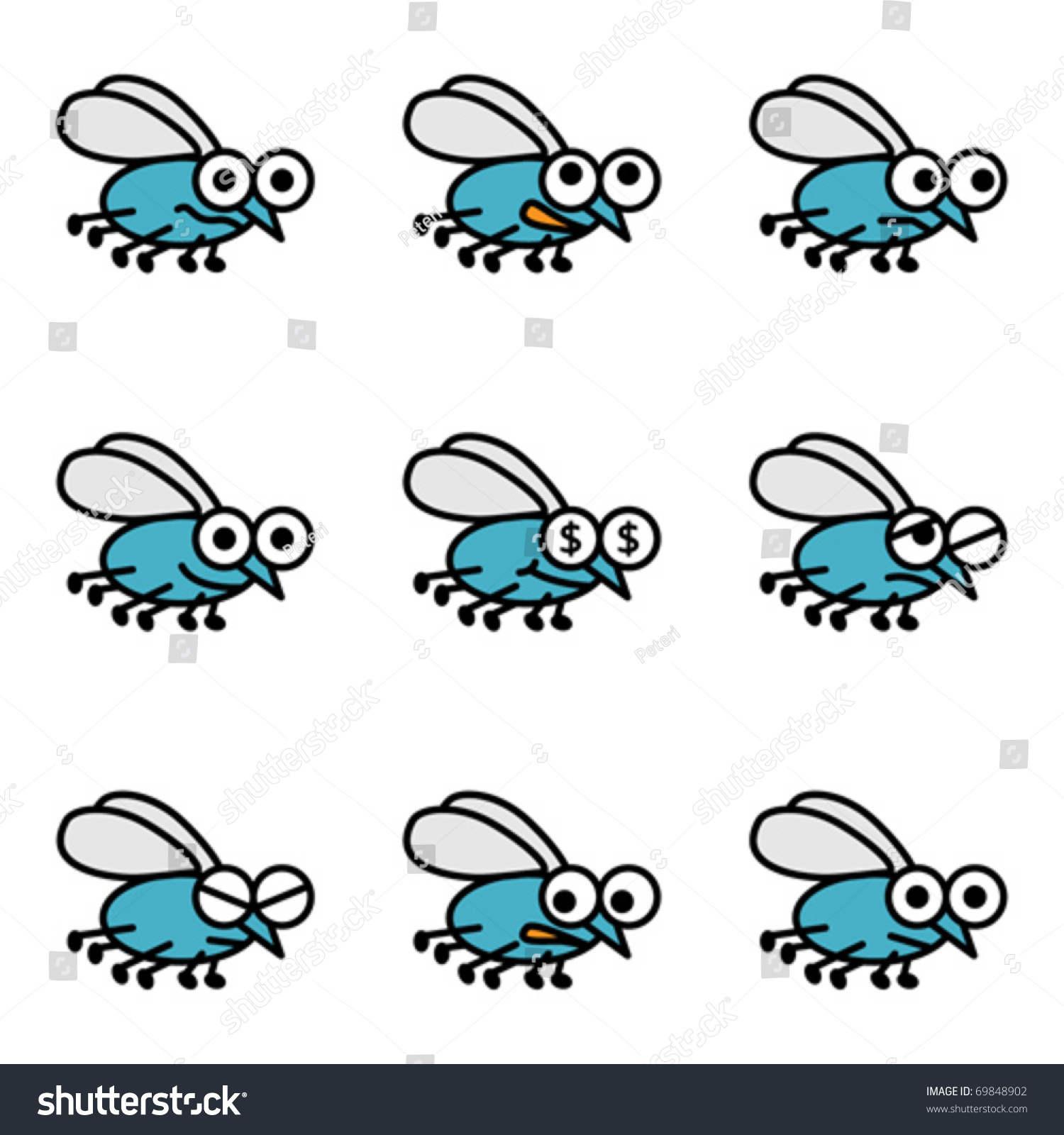 Cartoon Fly Set Funny Flies Vector Stock Vector 69848902 - Shutterstock