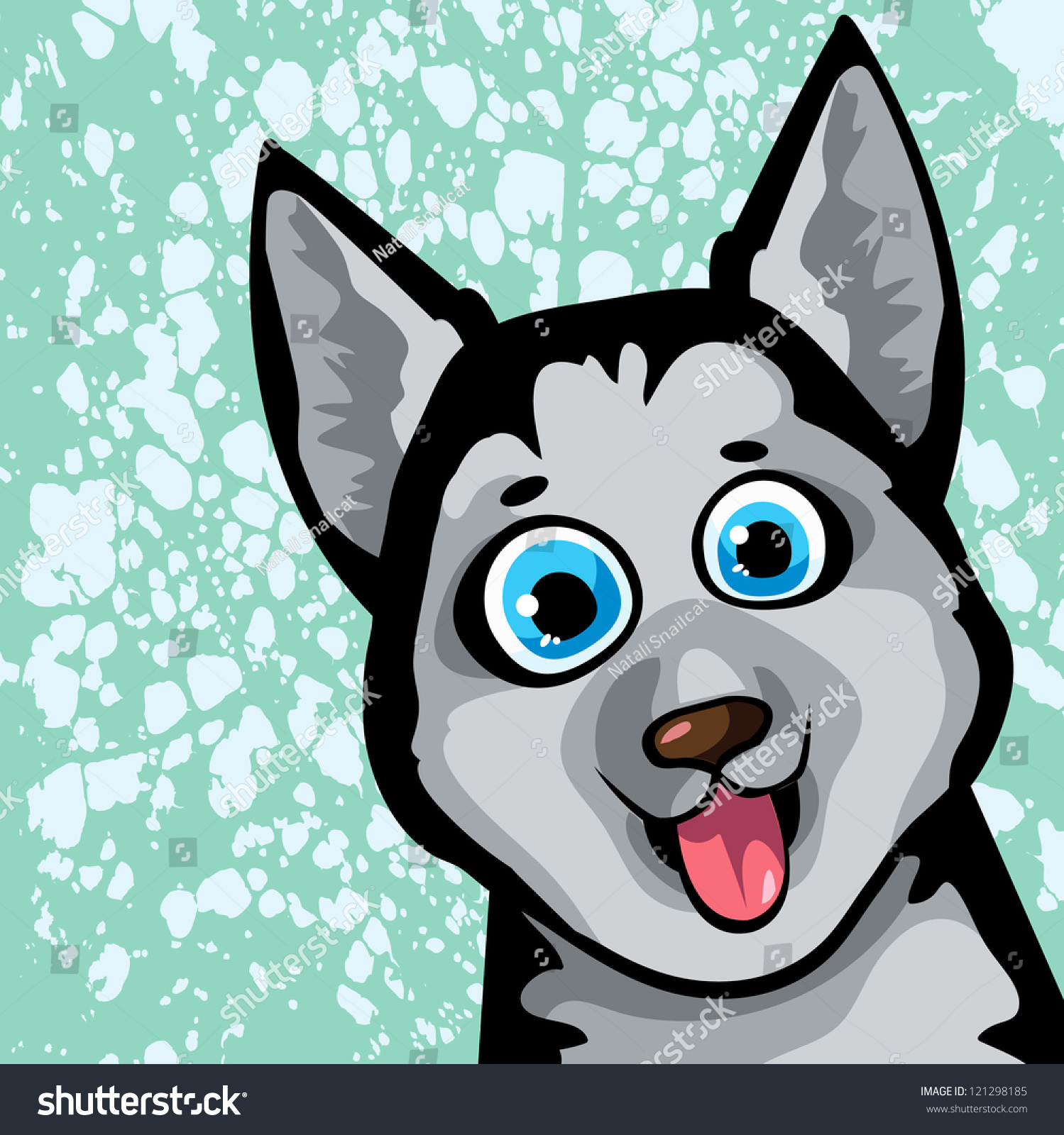 Cartoon Funny Dog Husky With Blue Eyes On A Spotted Background Stock